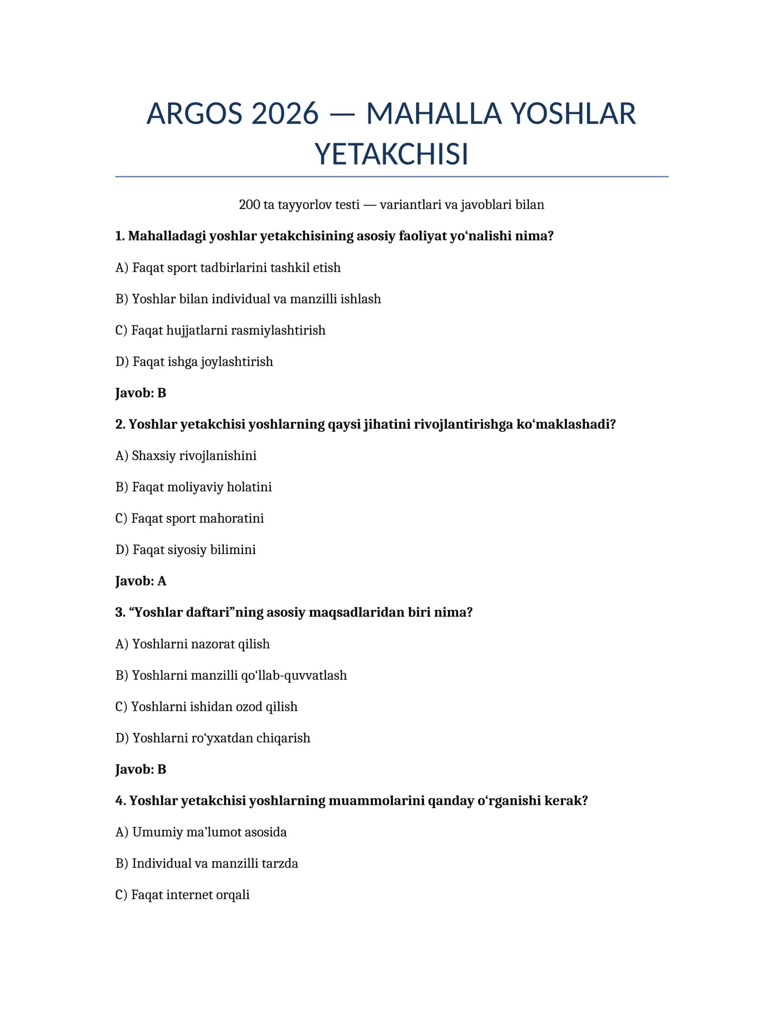 Mahalla yoshlar yetakchisi uchun test savollar
