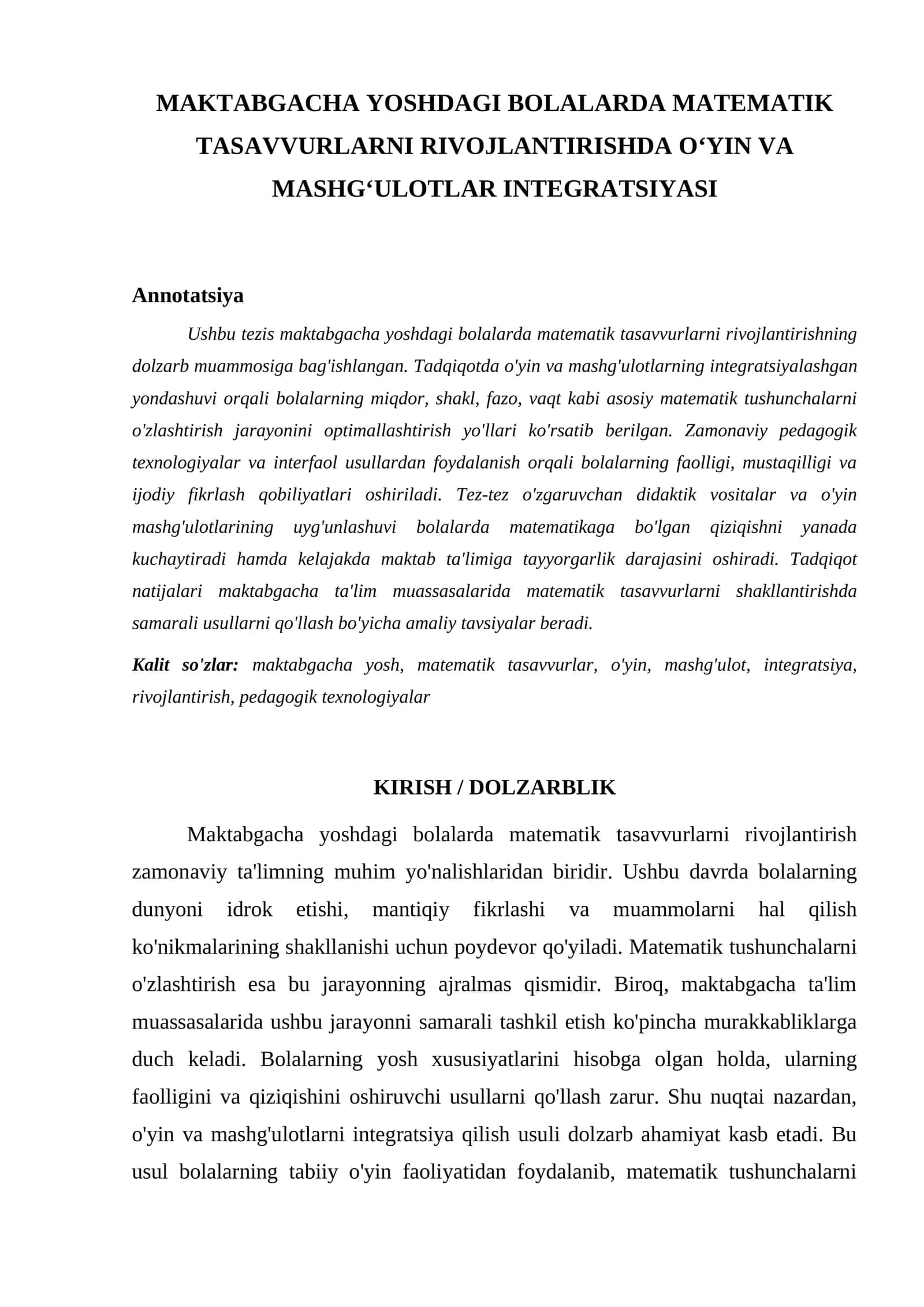 MAKTABGACHA YOSHDAGI BOLALARDA MATEMATIK TASAVVURLARNI RIVOJLANTIRISHDA O‘YIN VA MASHG‘ULOTLAR INTEGRATSIYASI