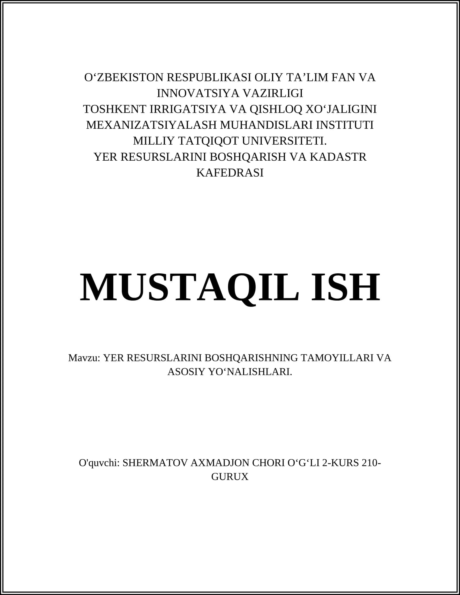 YER RESURSLARINI BOSHQARISHNING TAMOYILLARI VA ASOSIY YOʻNALISHLARI