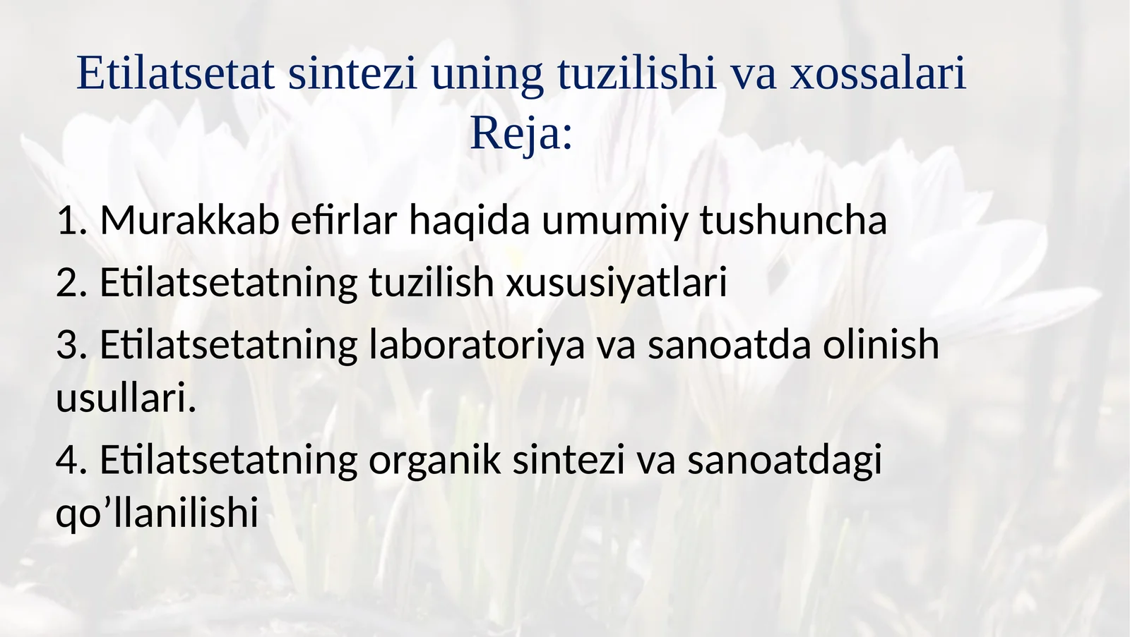 Etilatsetat sintezi uning tuzilishi va xossalari