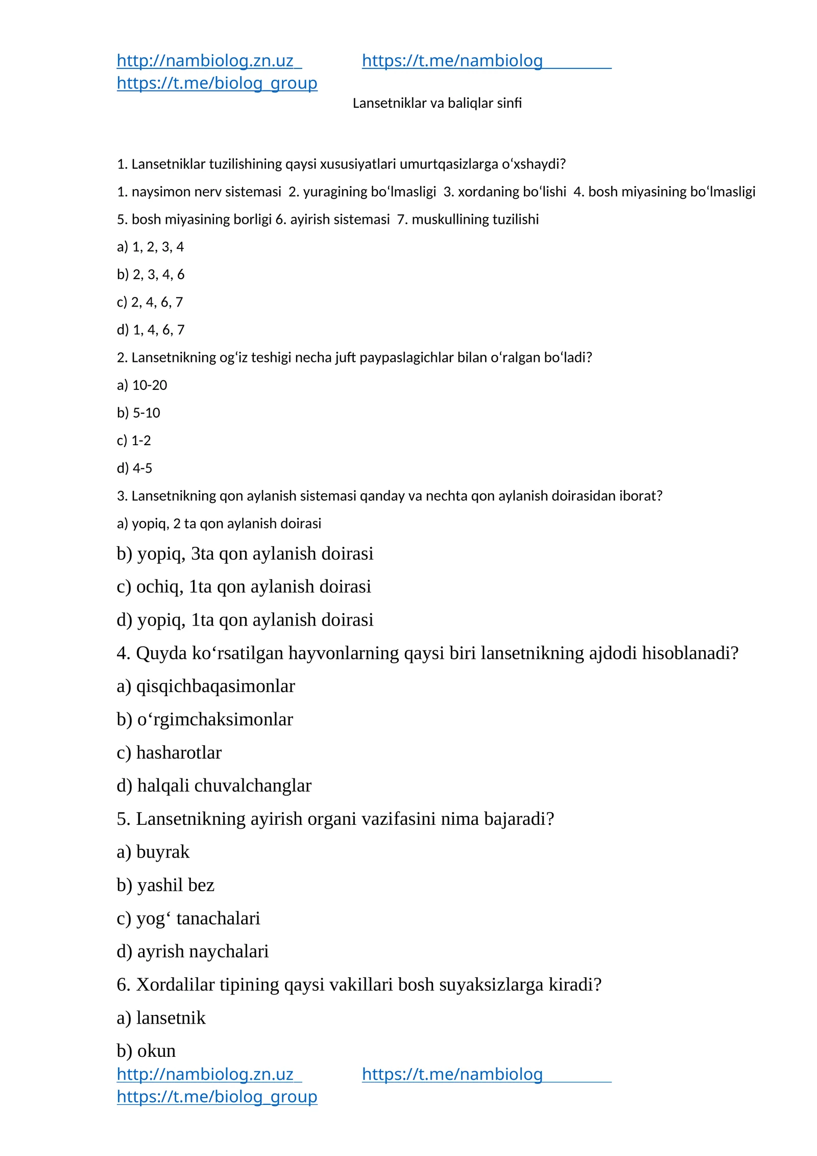 Lansetniklar va baliqlar sinfi