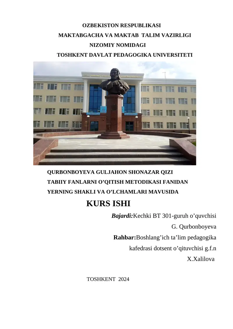 YERNING SHAKLI VA O’LCHAMLARI