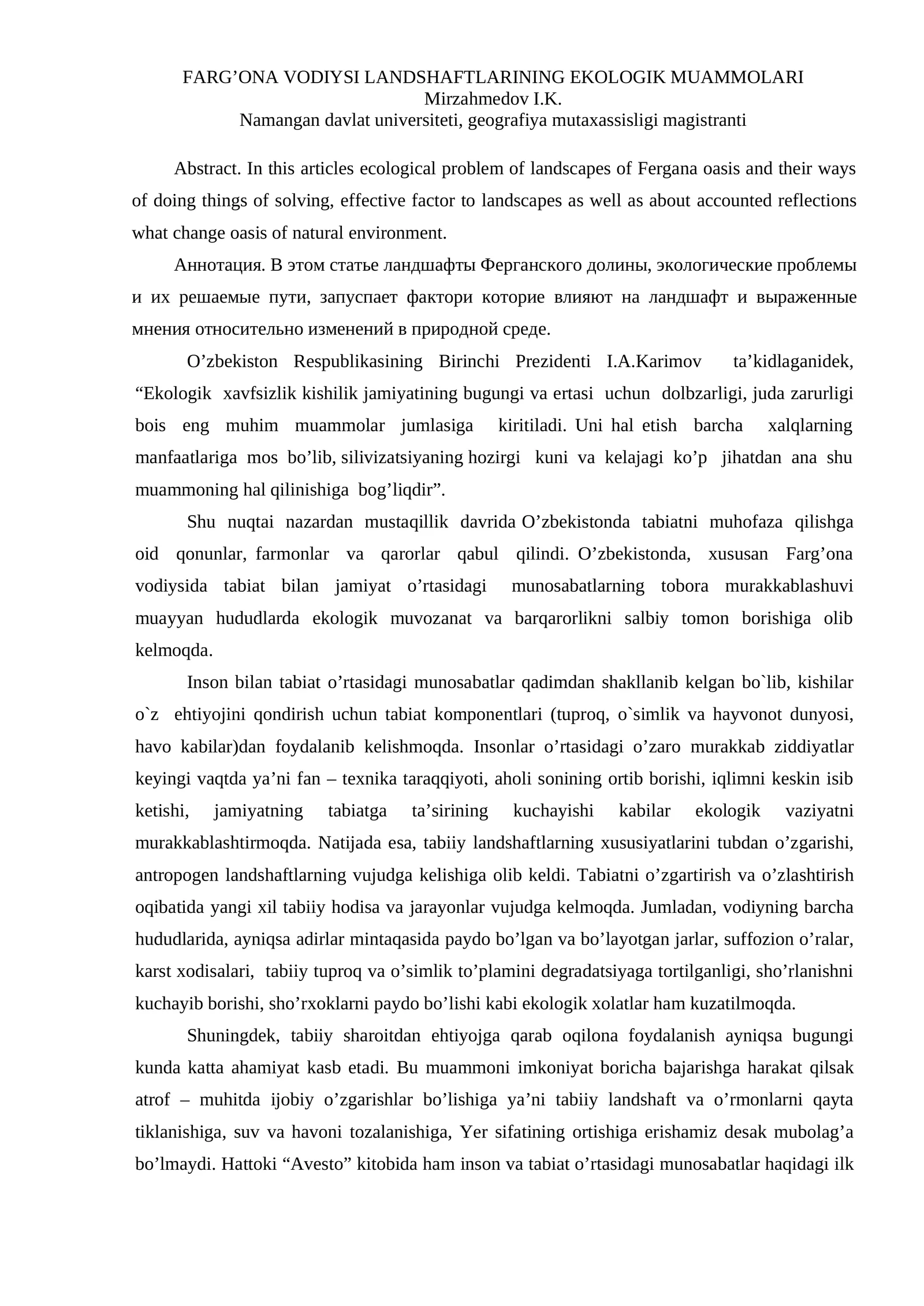 FARG’ONA VODIYSI LANDSHAFTLARINING EKOLOGIK MUAMMOLARI