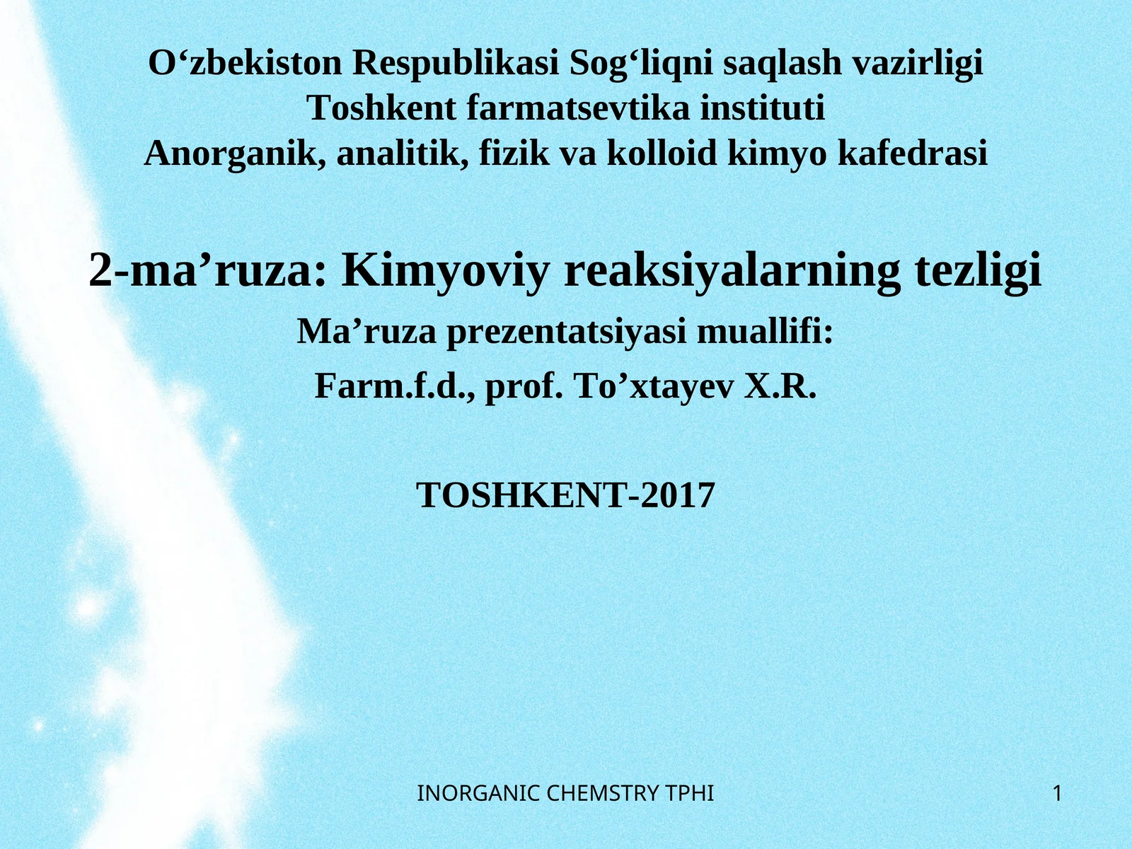 2-ma’ruza:Kimyoviy reaksiyalarning tezligi