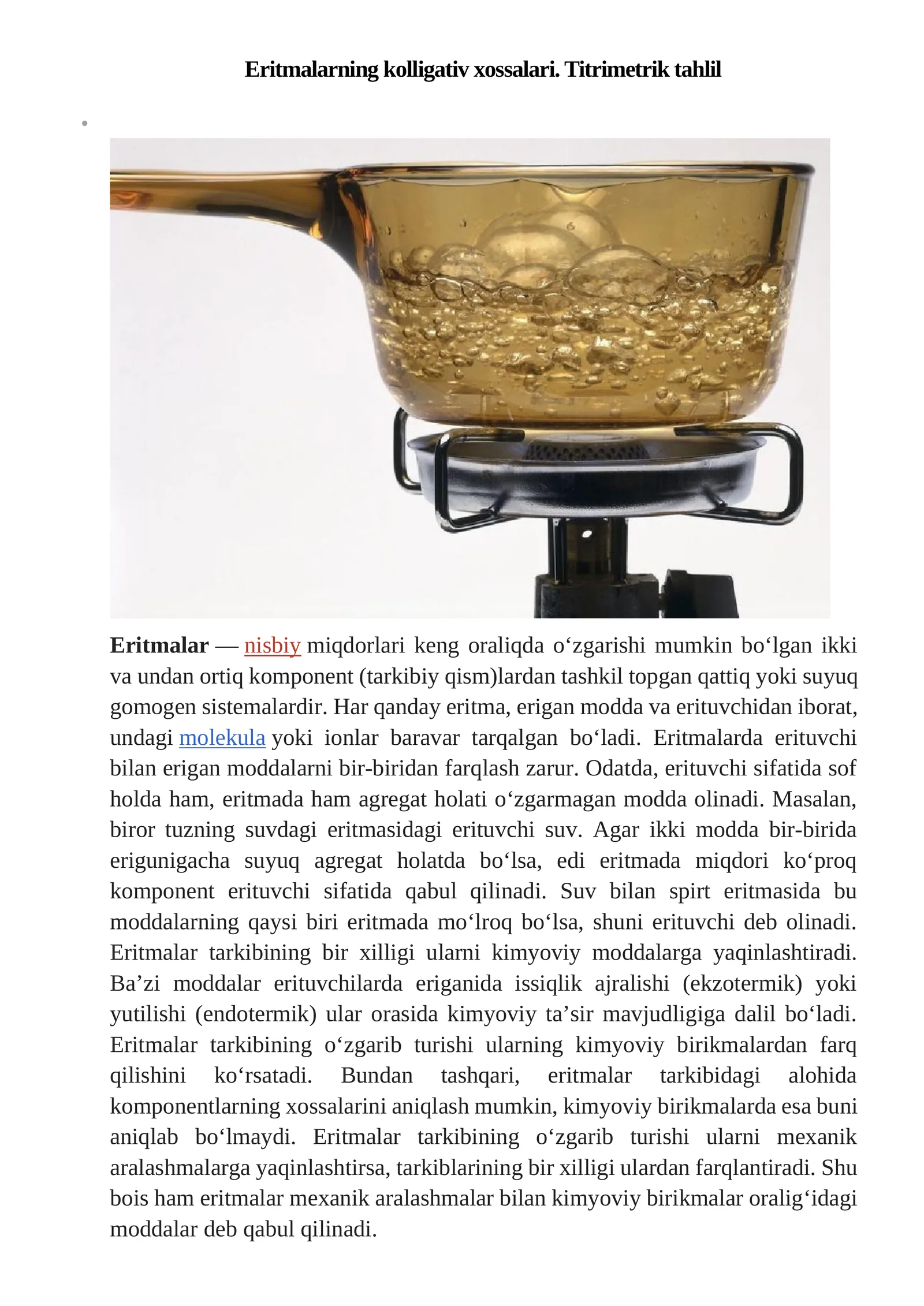 Eritmalarning kolligativ xossalari. Titrimetrik tahlil