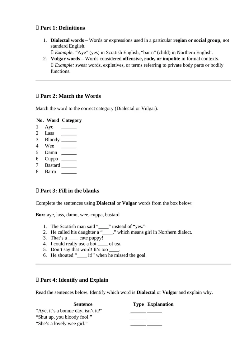 Dialectal and Vulgar Words