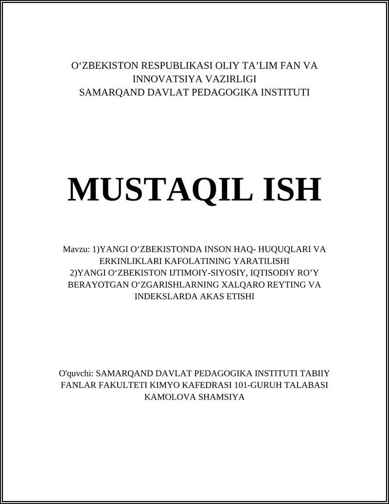 YANGI OʻZBEKISTONDA INSON HAQ- HUQUQLARI VA ERKINLIKLARI KAFOLATINING YARATILISHI