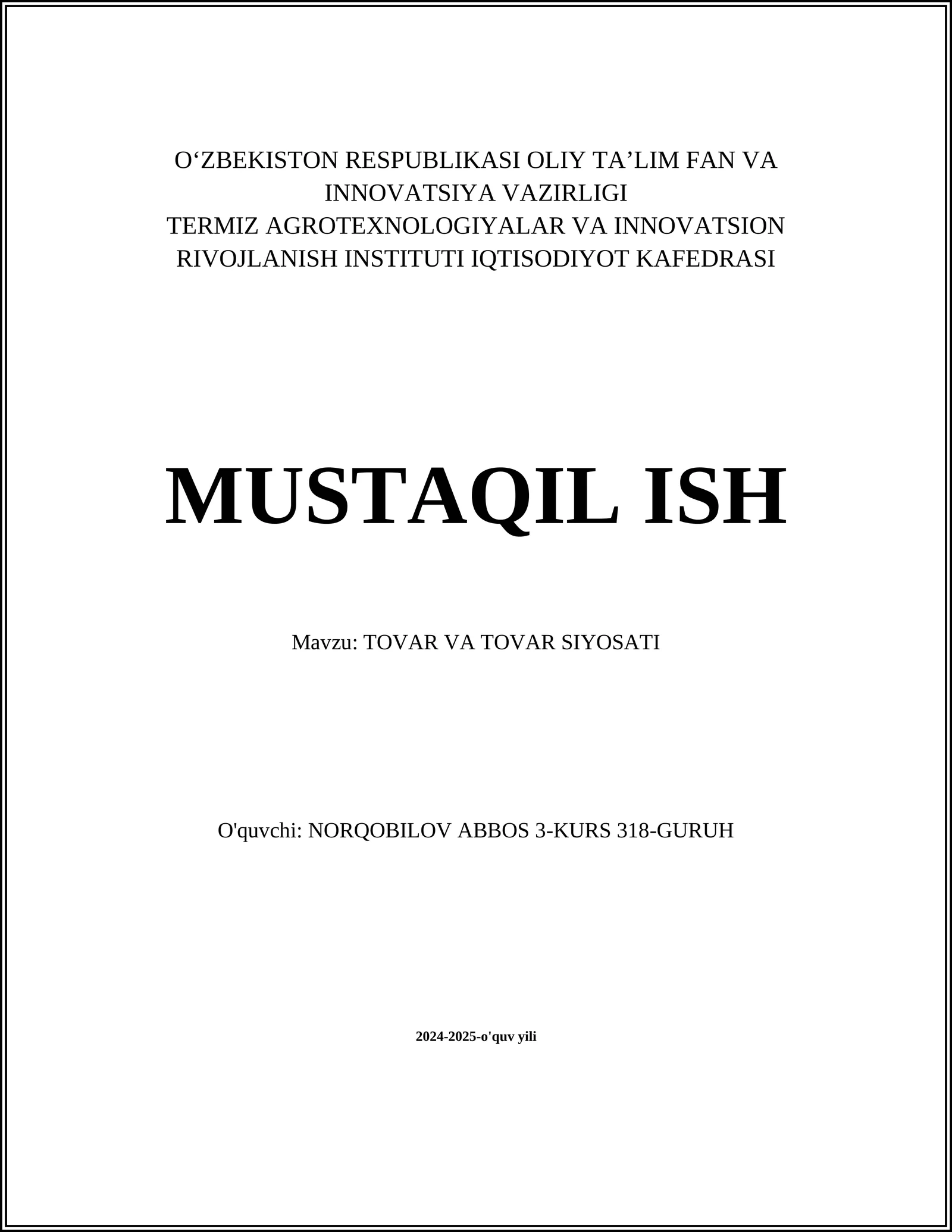 TOVAR VA TOVAR SIYOSATI