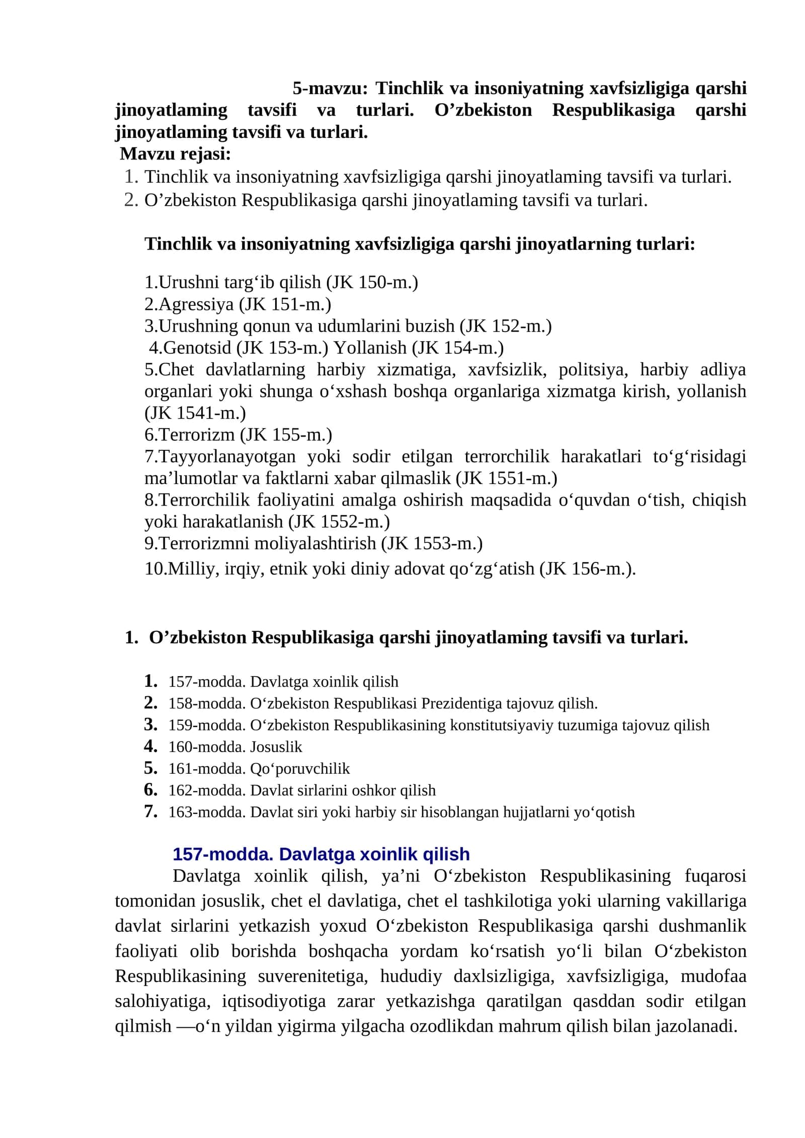 Tinchlik va insoniyatning xavfsizligiga qarshi jinoyatlaming tavsifi va turlari