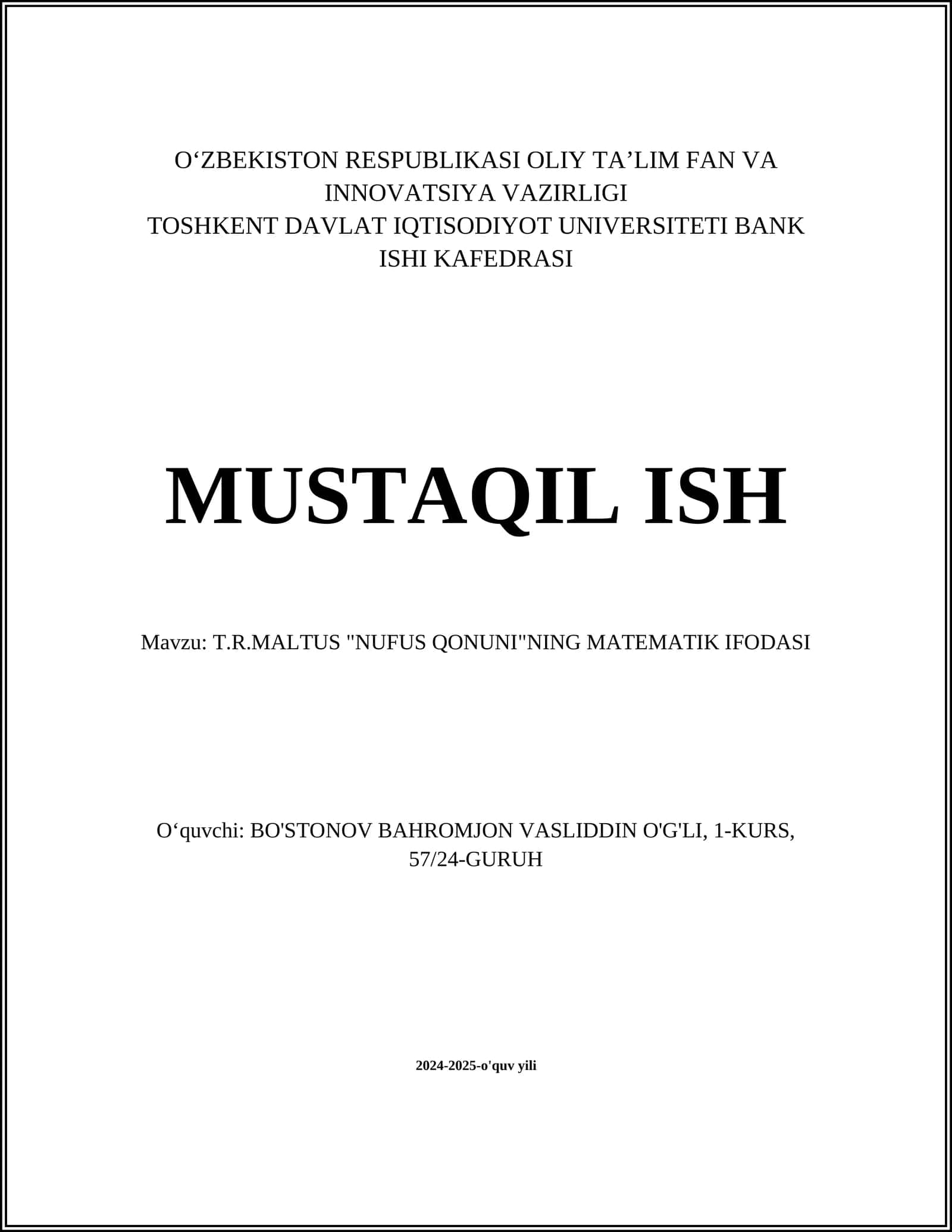 T.R.MALTUS "NUFUS QONUNI"NING MATEMATIK IFODASI
