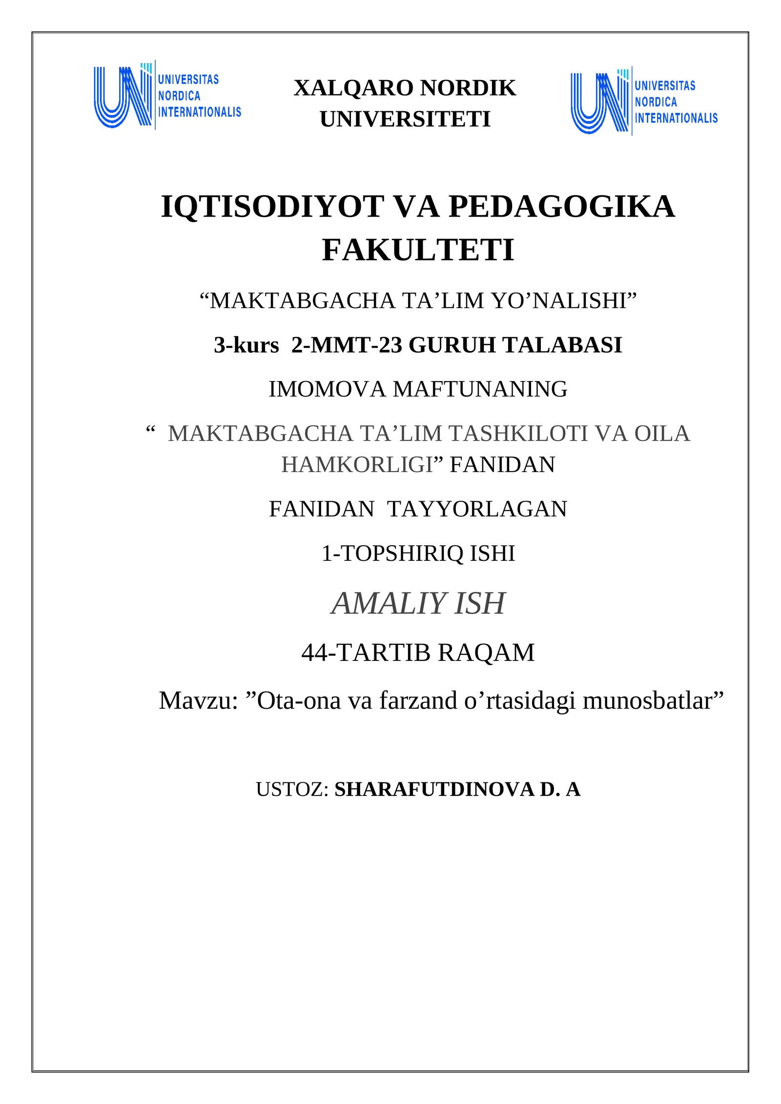 ”Ota-ona va farzand o’rtasidagi munosbatlar”