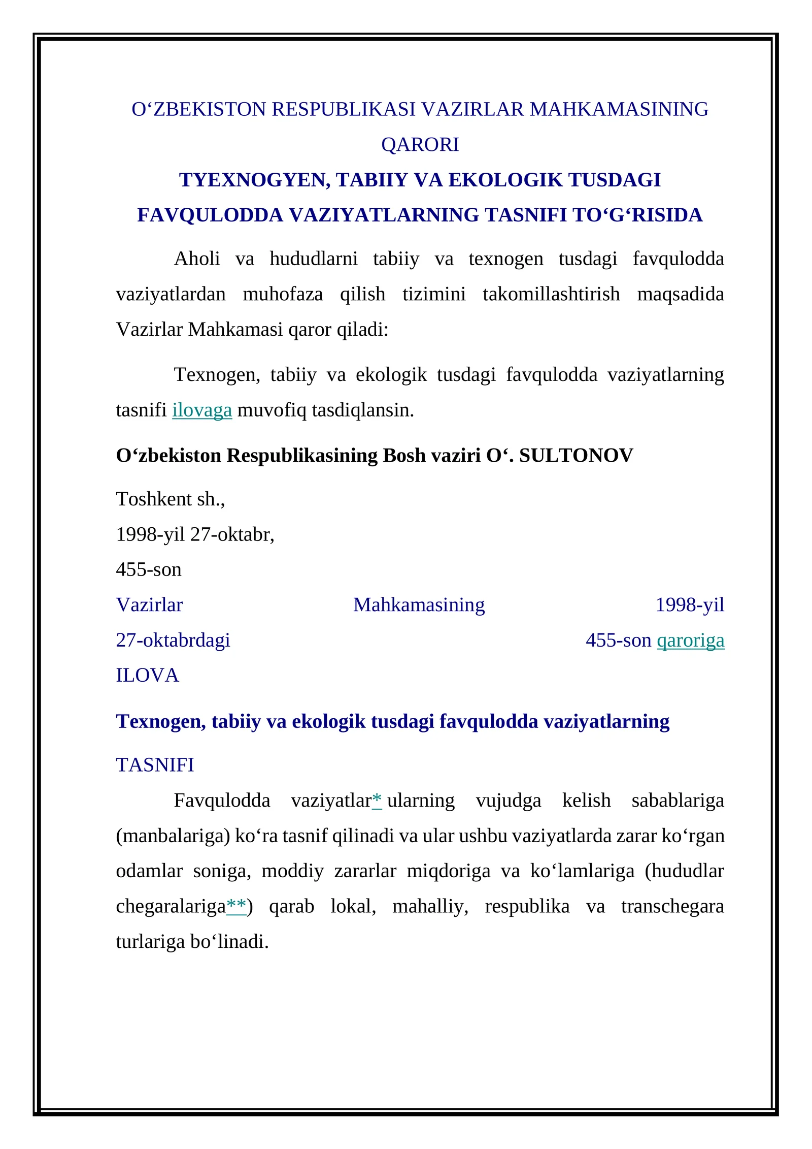 Texnogen, tabiiy va ekologik tusdagi favqulodda vaziyatlarning