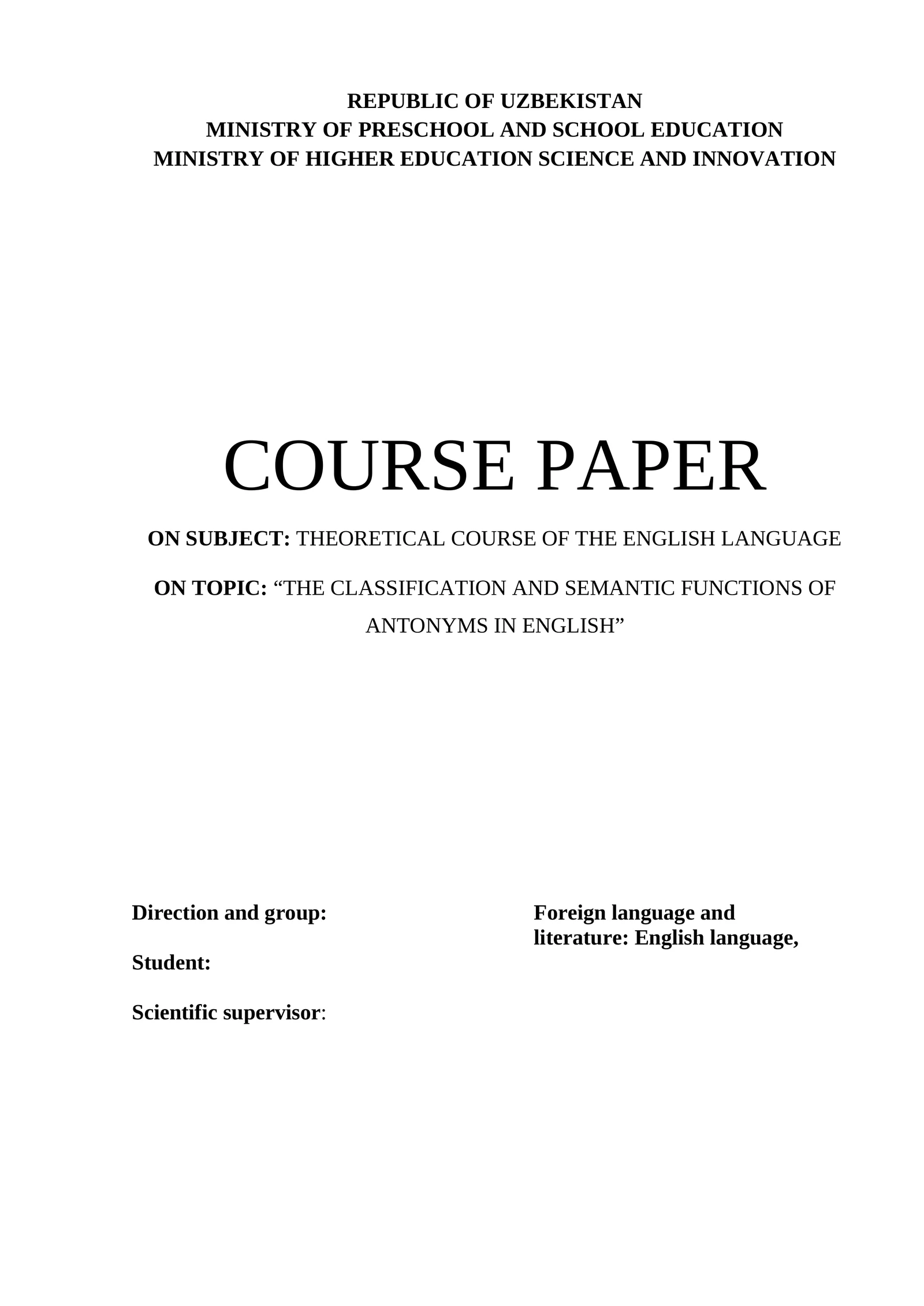 COURSE PAPER on THEORETICAL COURSE OF THE ENGLISH LANGUAGE