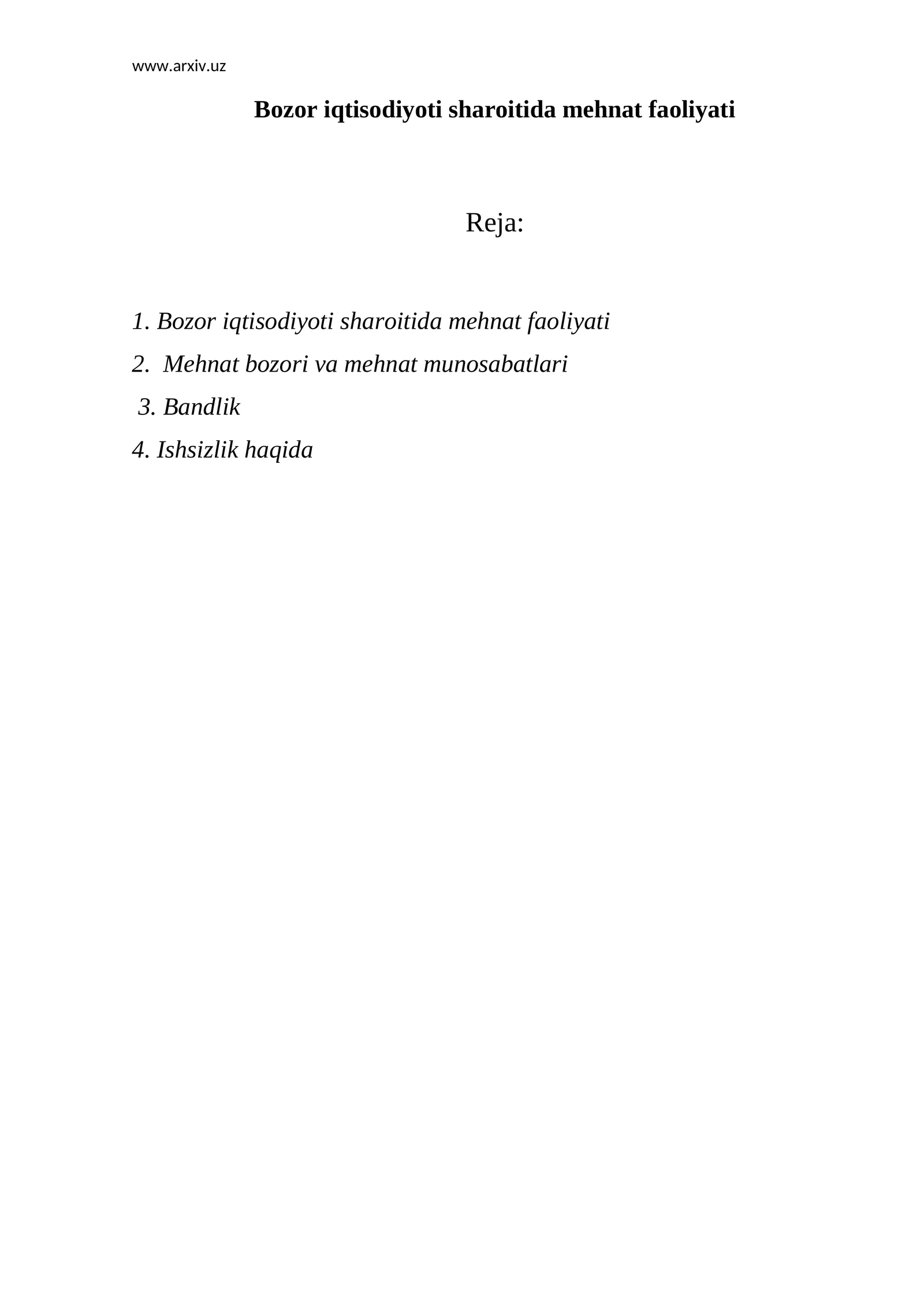 Bozor iqtisodiyoti sharoitida mehnat faoliyati