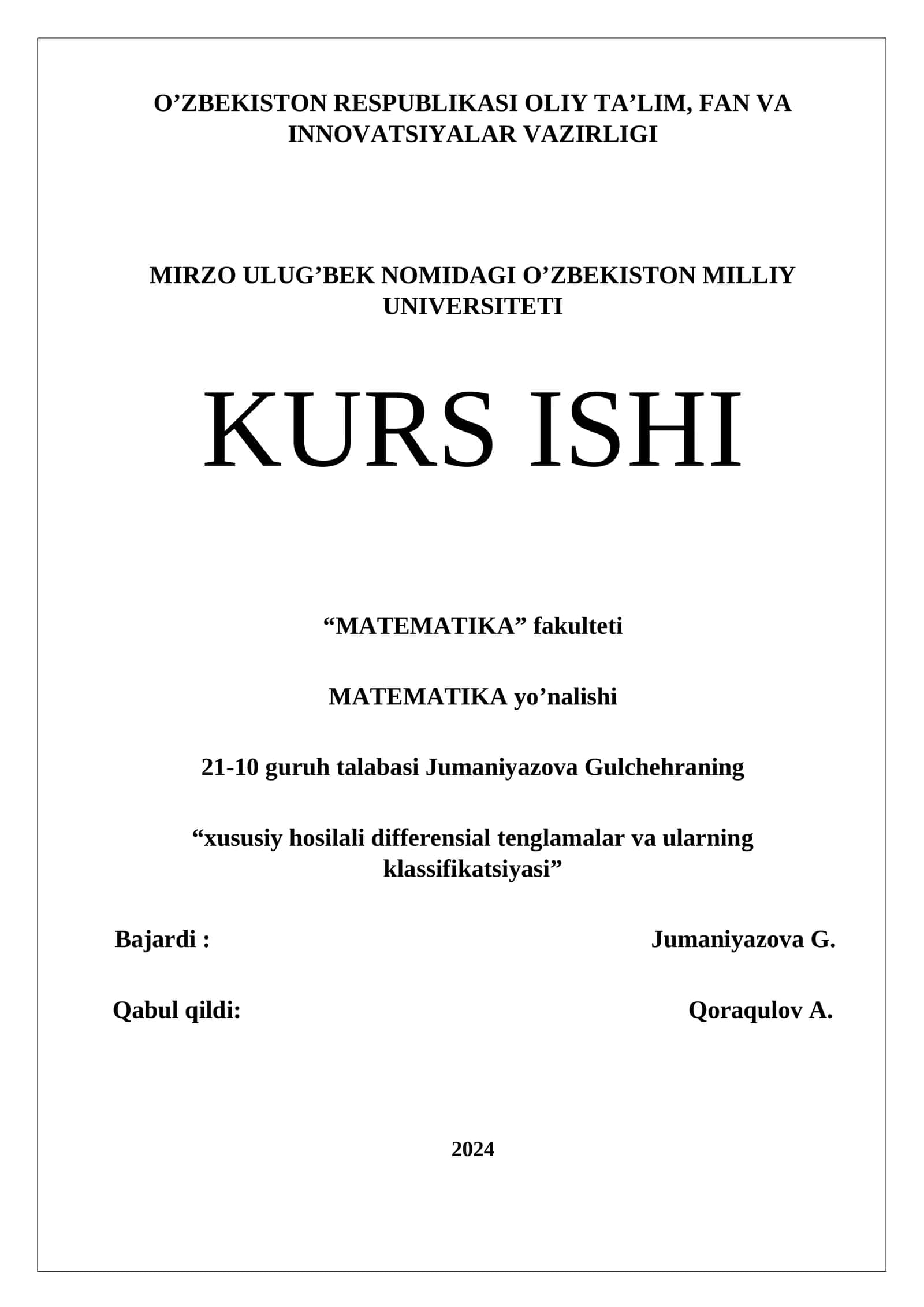 Xususiy hosilali differensial tenglamalar va ularning klassifikatsiyasi