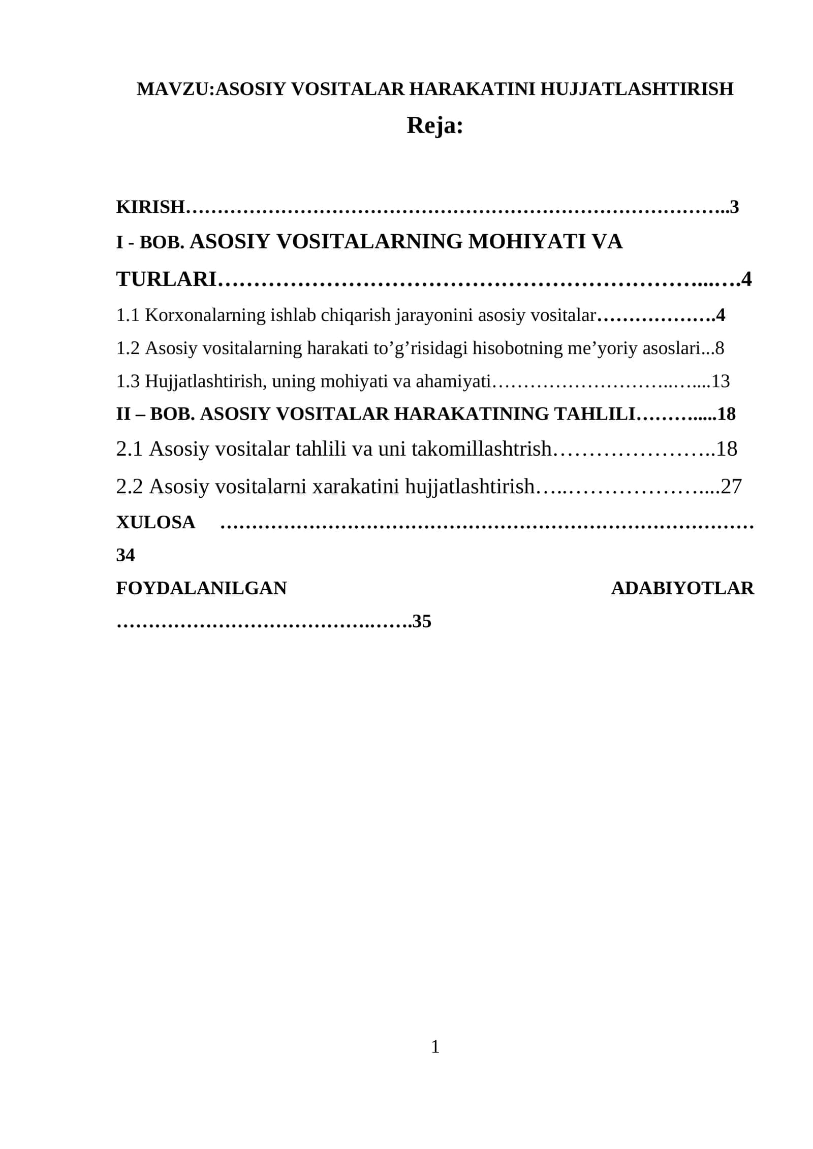 ASOSIY VOSITALAR HARAKATINI HUJJATLASHTIRISH