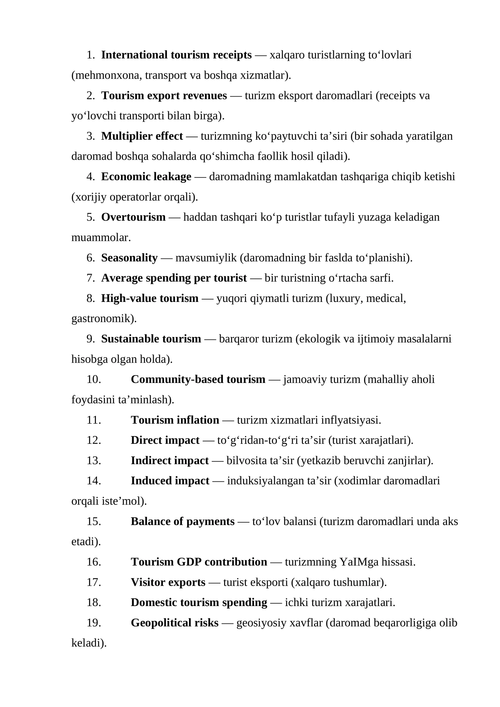 International tourism receipts — xalqaro turistlarning to‘lovlari (mehmonxona, transport va boshqa xizmatlar)