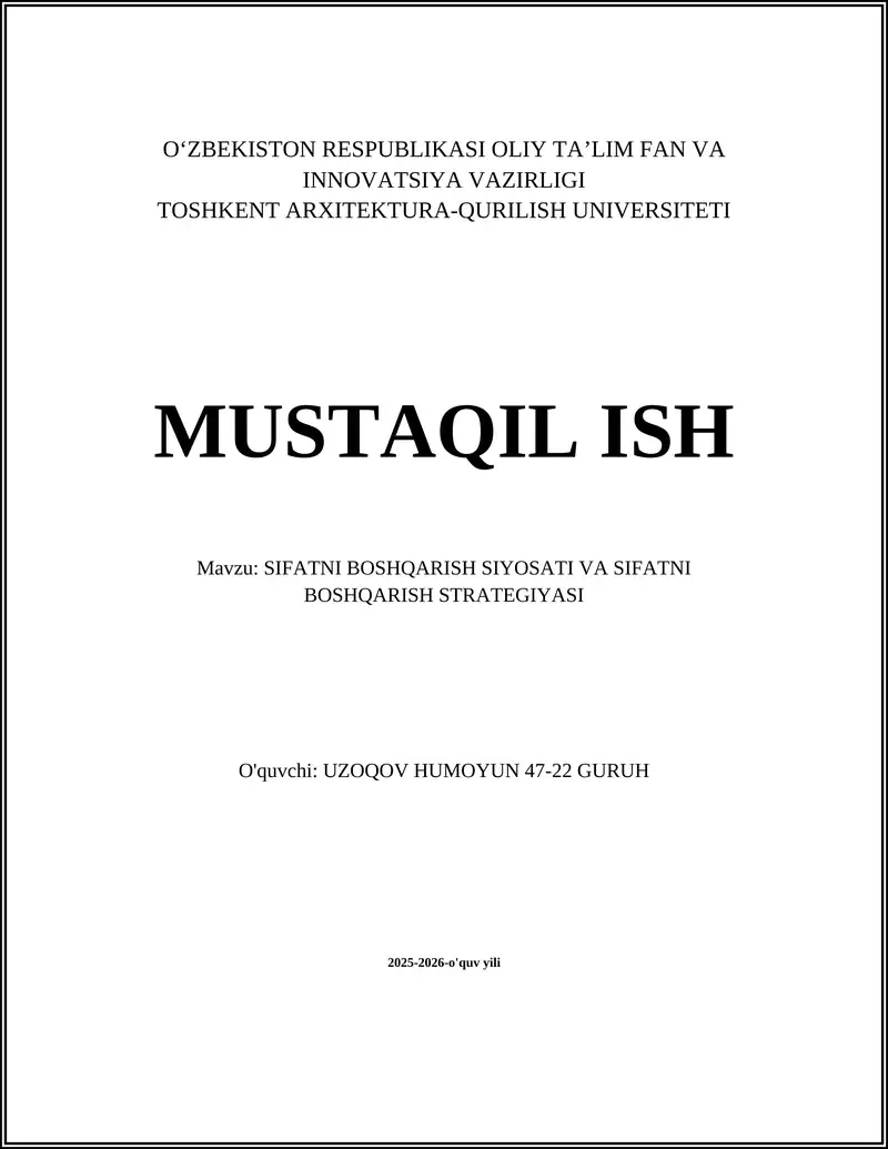 SIFATNI BOSHQARISH SIYOSATI VA SIFATNI BOSHQARISH STRATEGIYASI