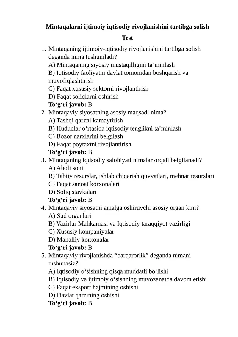 Mintaqalarni ijtimoiy iqtisodiy rivojlanishini tartibga solish