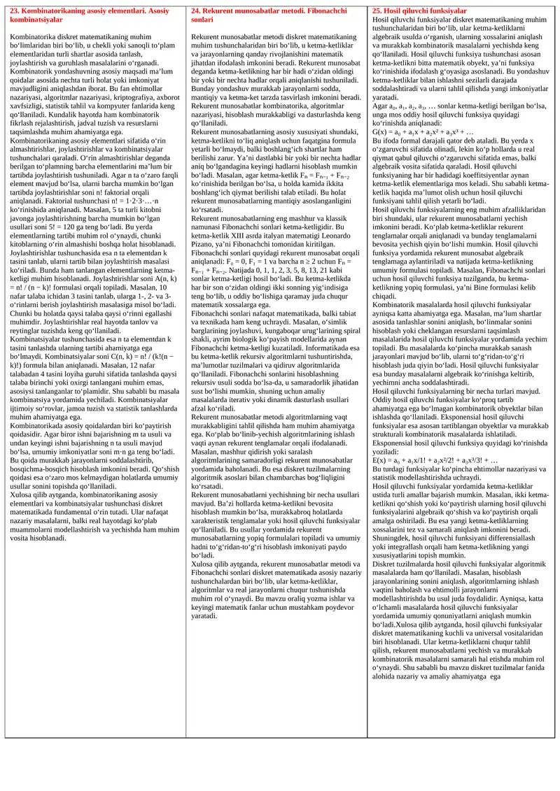 Kombinatorikaning asosiy elementlari. Asosiy kombinatsiyalar