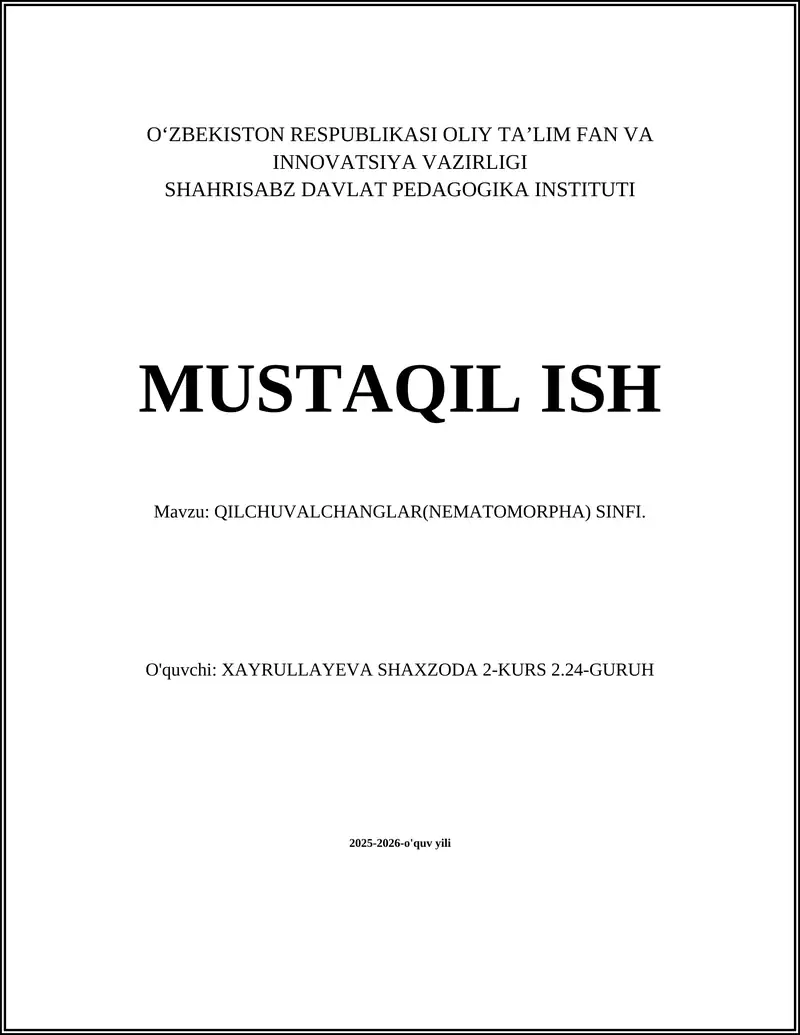 QILCHUVALCHANGLAR(NEMATOMORPHA) SINFI
