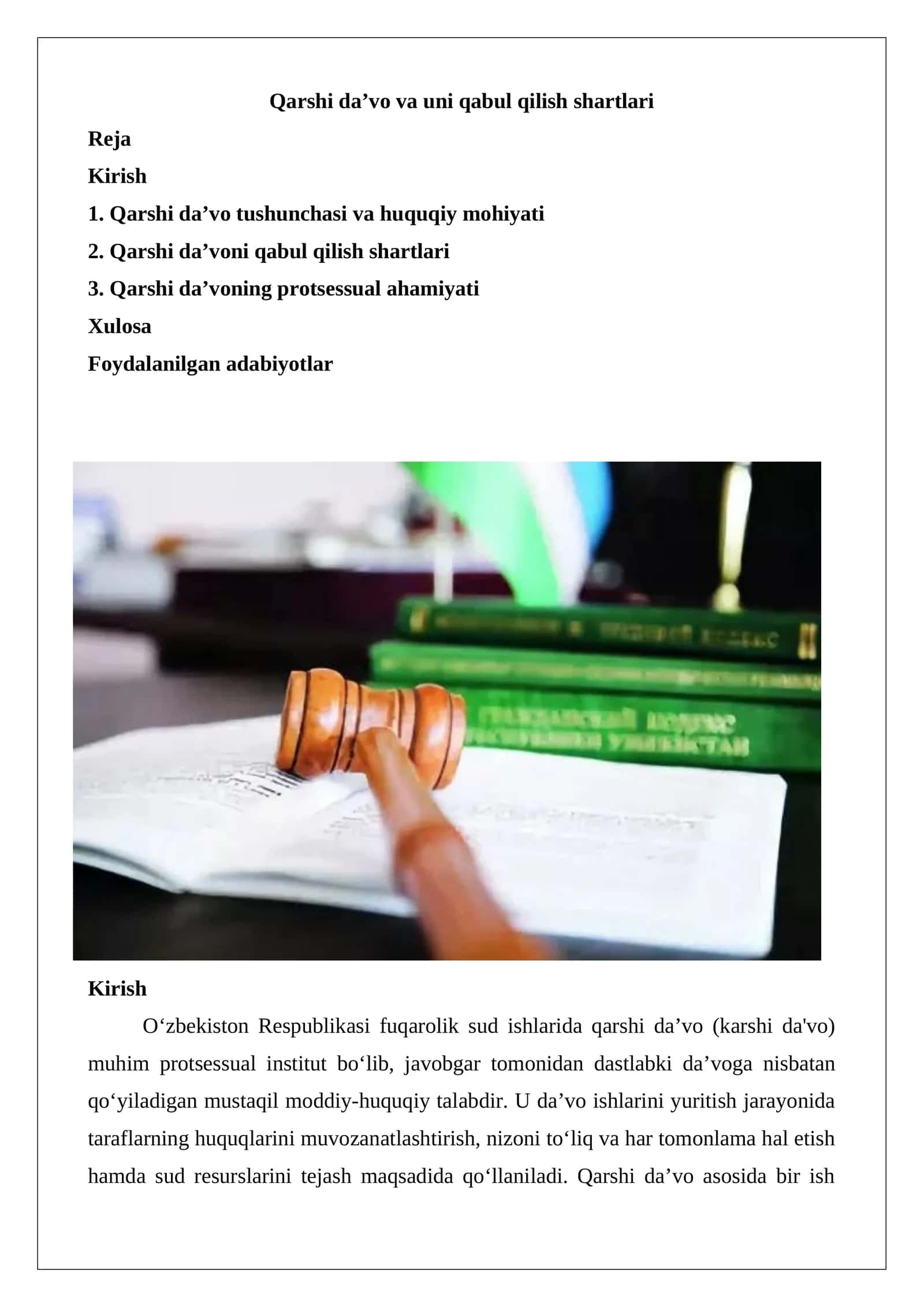 Qarshi da’vo va uni qabul qilish shartlari