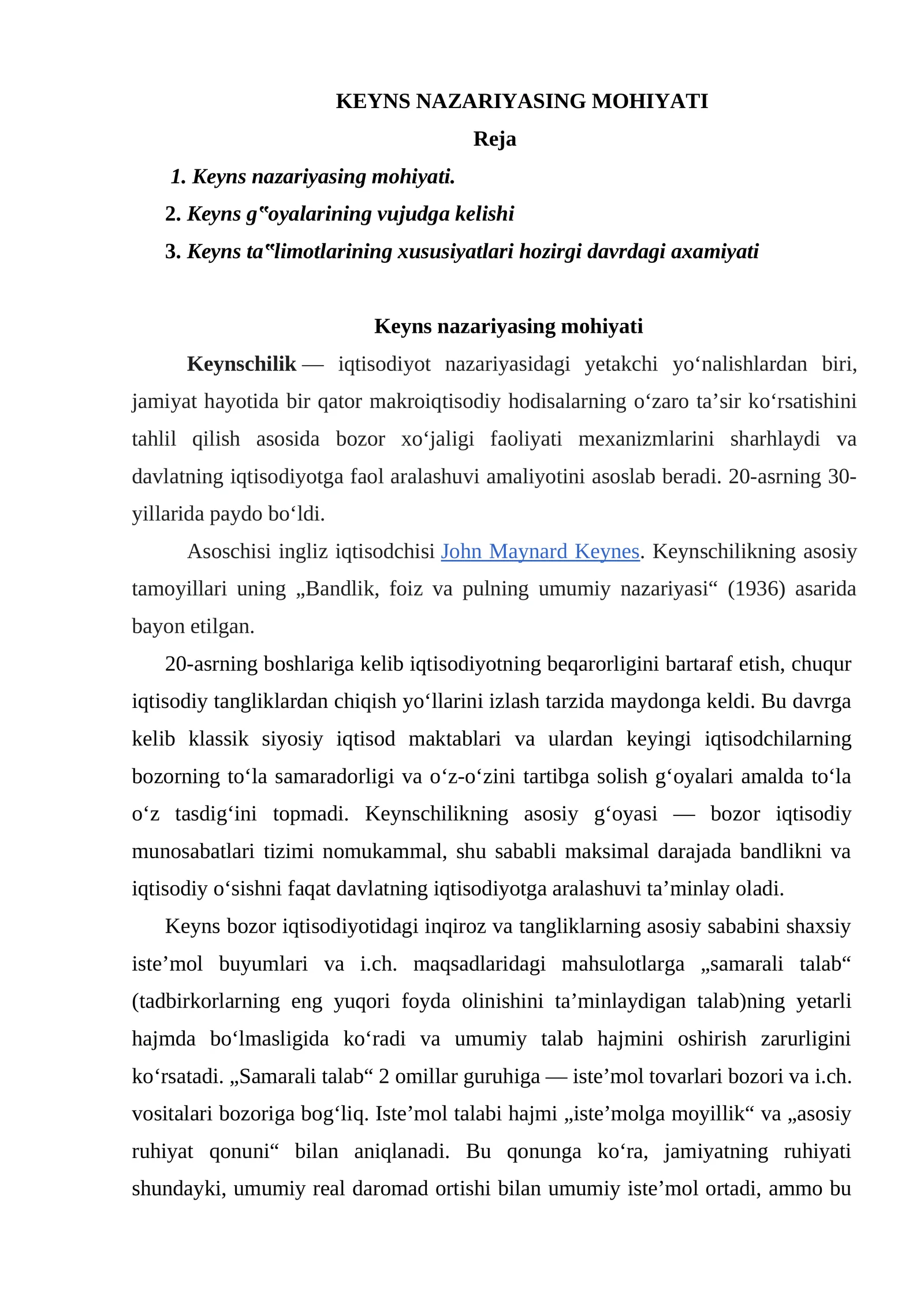 KEYNS NAZARIYASING MOHIYATI