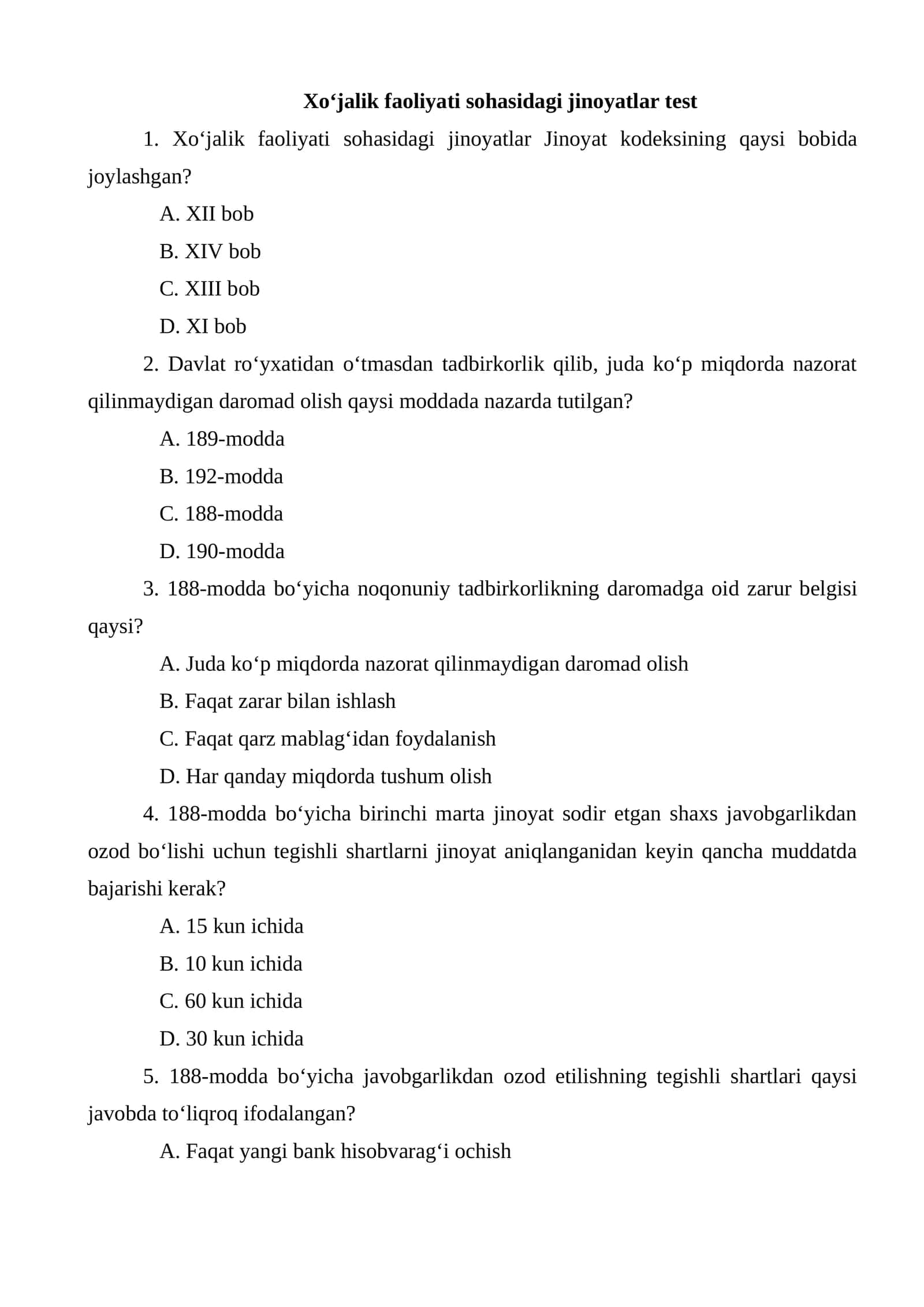 Xo‘jalik faoliyati sohasidagi jinoyatlar test