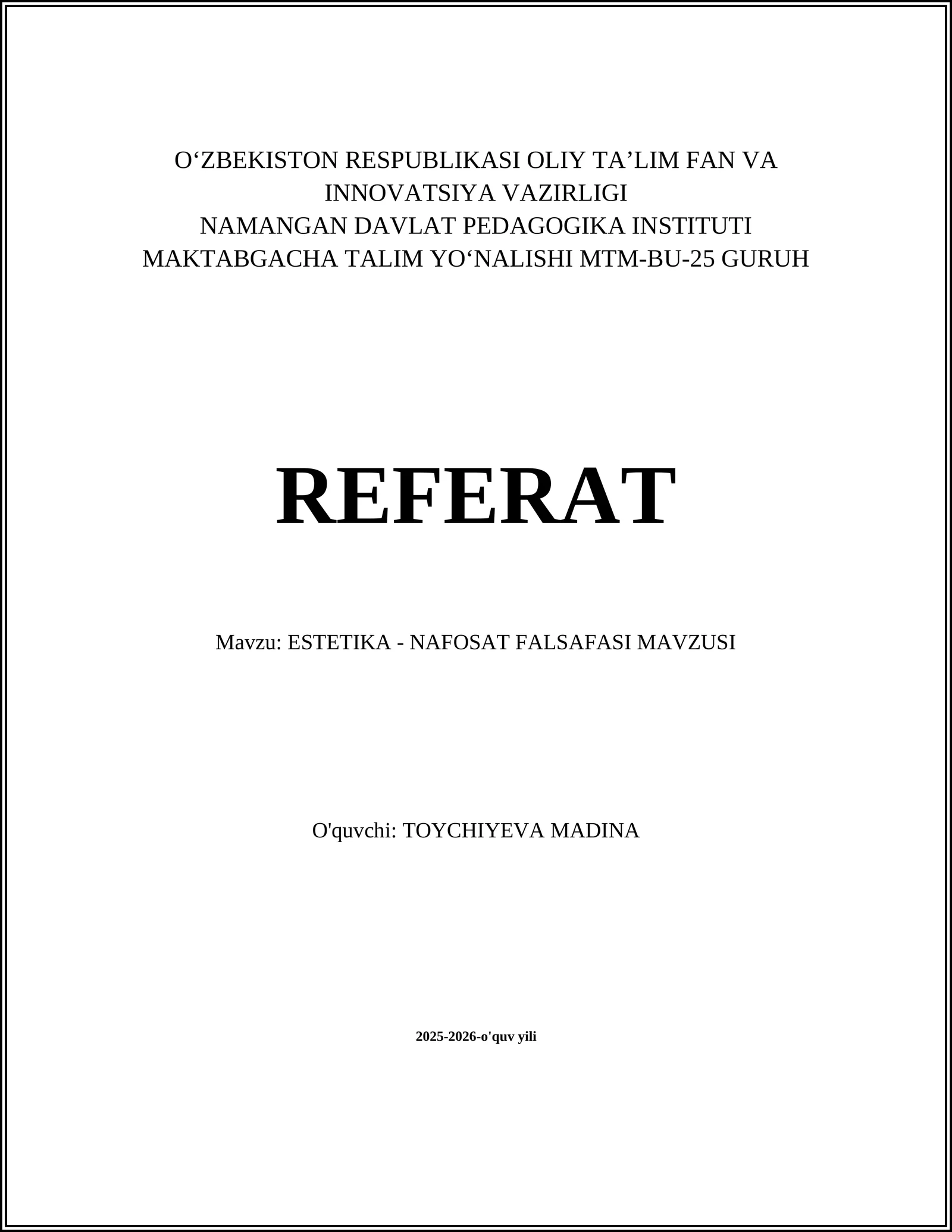 ESTETIKA - NAFOSAT FALSAFASI MAVZUSI