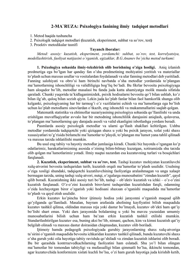 Psixologiya fanining ilmiy tadqiqot metodlari