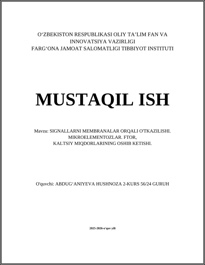 SIGNALLARNI MEMBRANALAR ORQALI O'TKAZILISHI