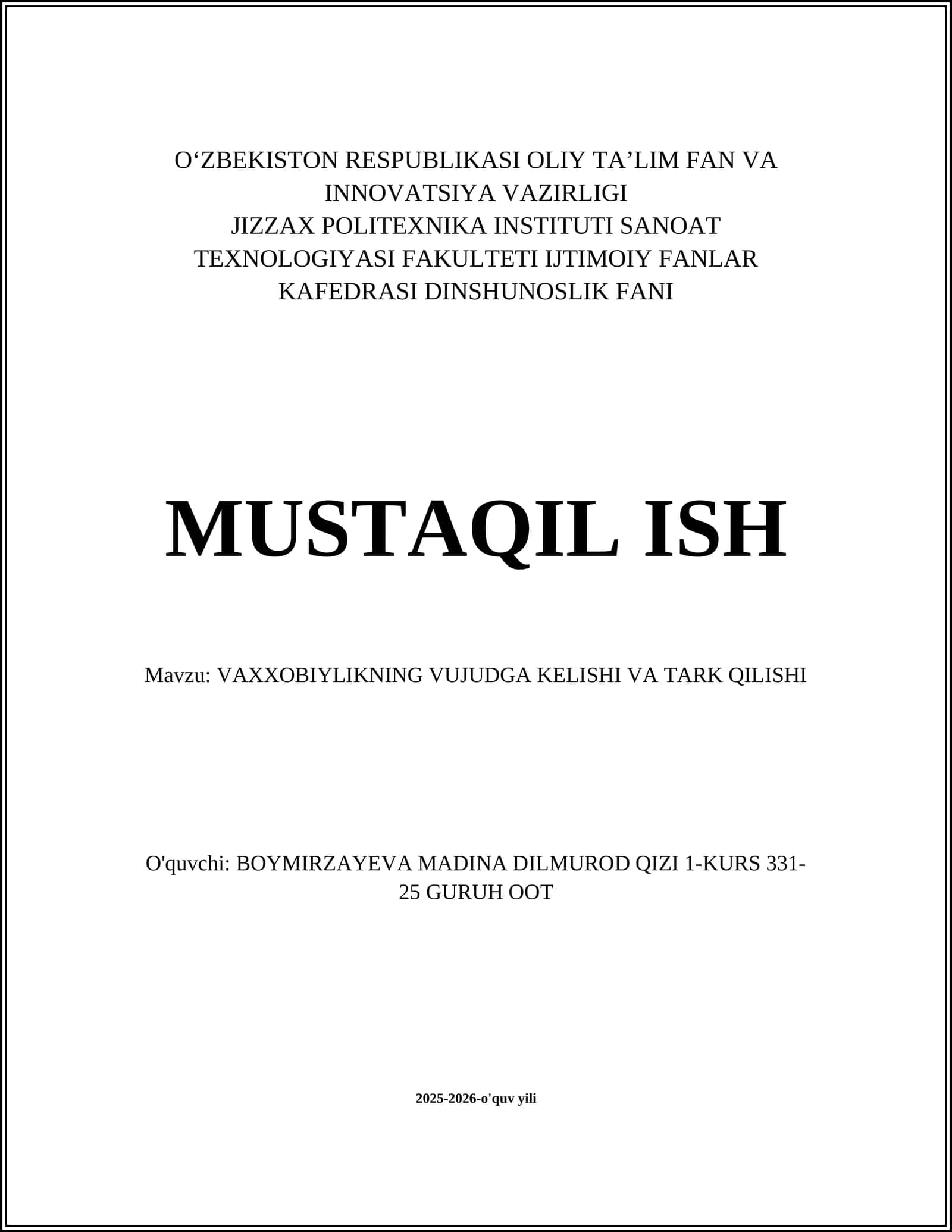 VAXXOBIYLIKNING VUJUDGA KELISHI VA TARK QILISHI