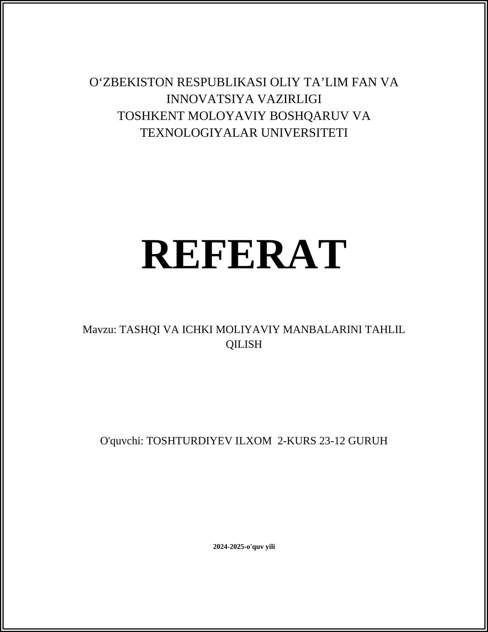 Tashqi va ichki moliyaviy manbalarini tahlil qilish