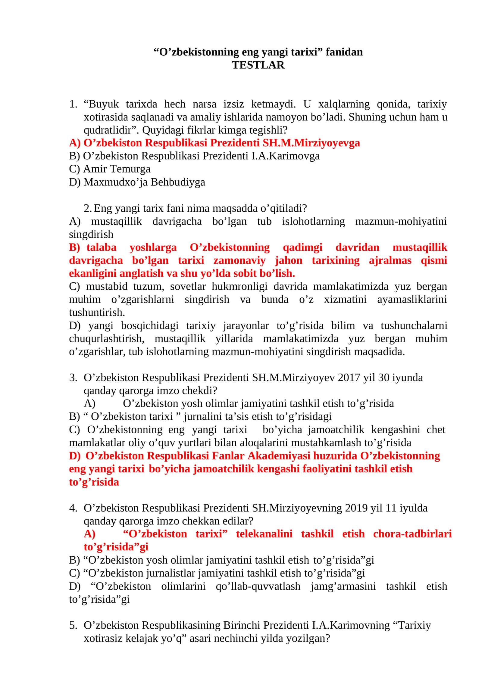 Eng yangi tarixi fanidan TESTLAR