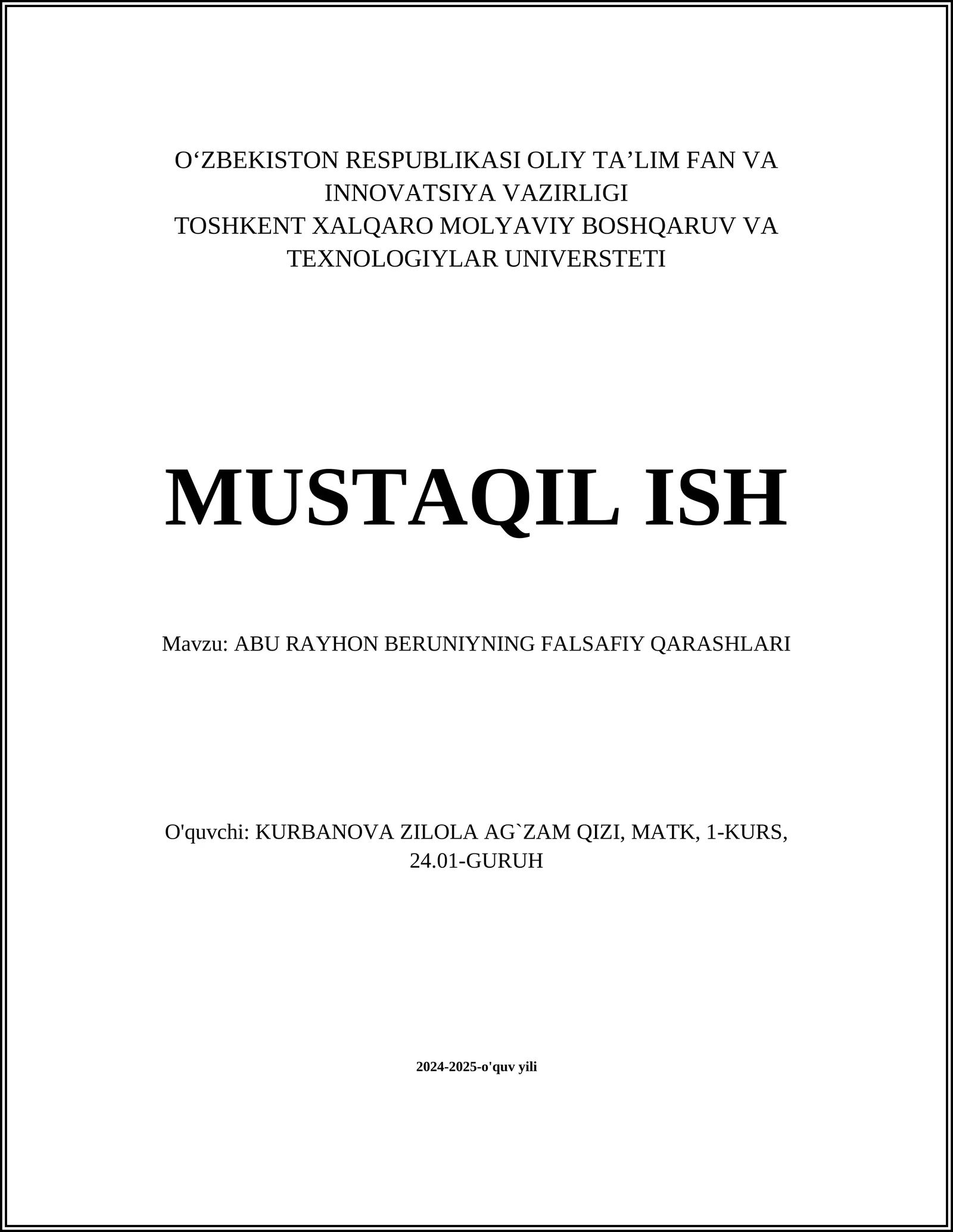 ABU RAYHON BERUNIYNING FALSAFIY QARASHLARI