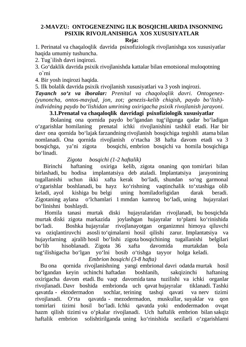 ONTOGENEZNING ILK BOSQICHLARIDA INSONNING PSIXIK RIVOJLANISHIGA XOS XUSUSIYATLAR