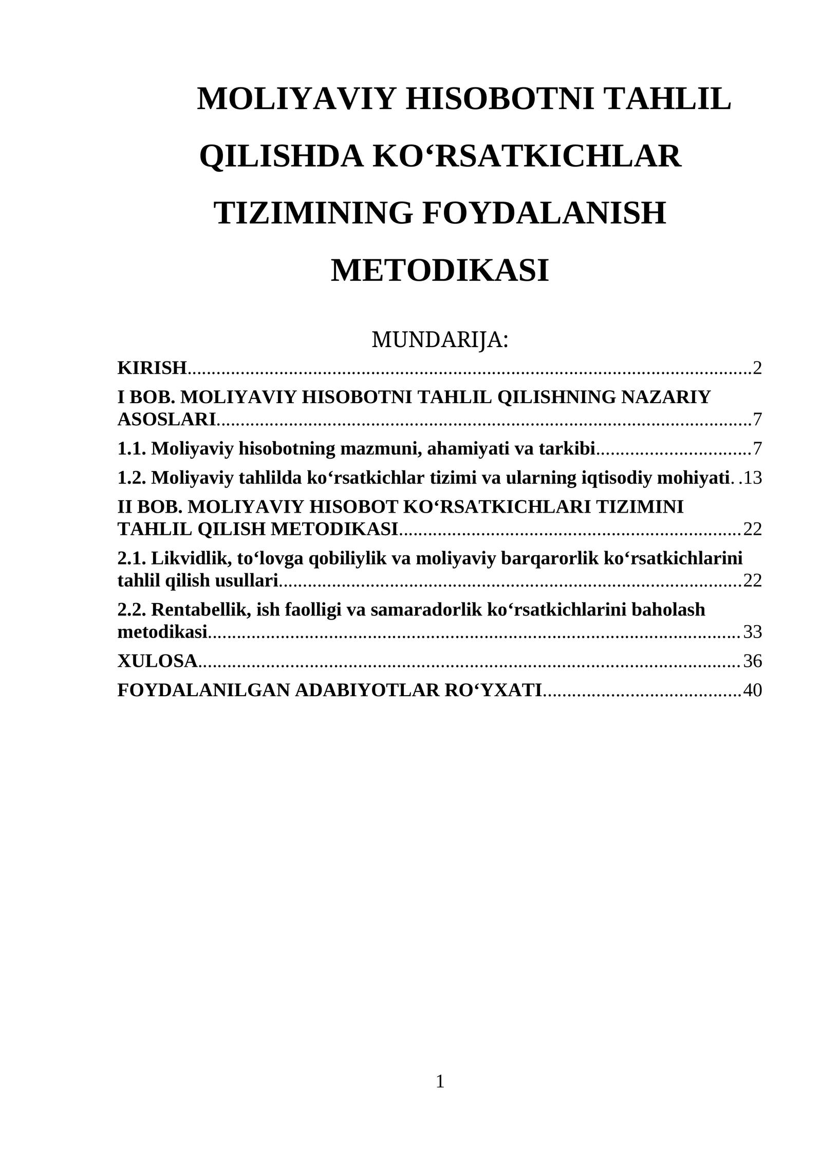 MOLIYAVIY HISOBOTNI TAHLIL QILISHDA KO‘RSATKICHLAR TIZIMINING FOYDALANISH METODIKASI