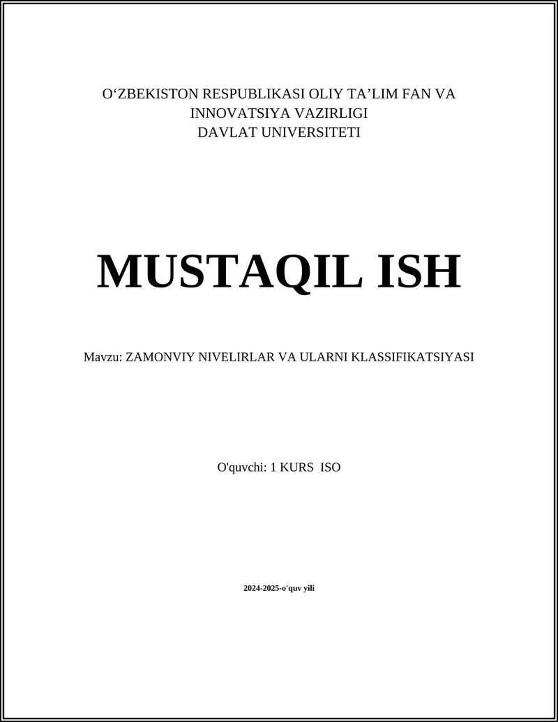 ZAMONVIY NIVELIRLAR VA ULARNI KLASSIFIKATSIYASI