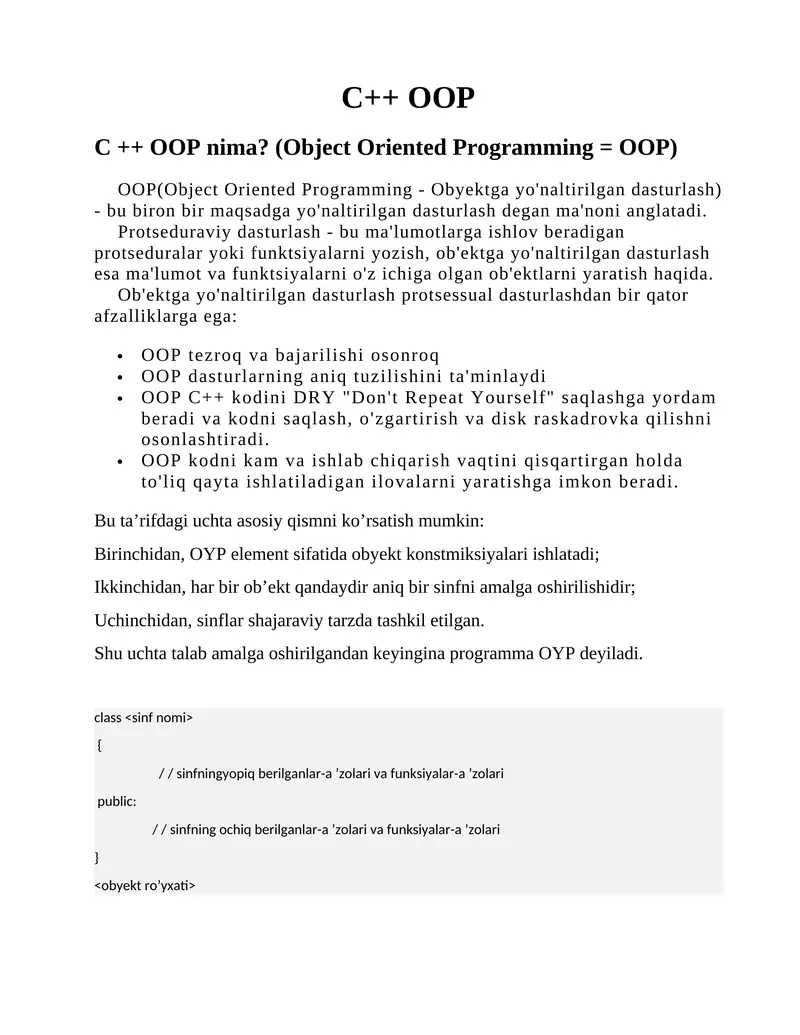 OOP(Object Oriented Programming - Obyektga yo'naltirilgan dasturlash)