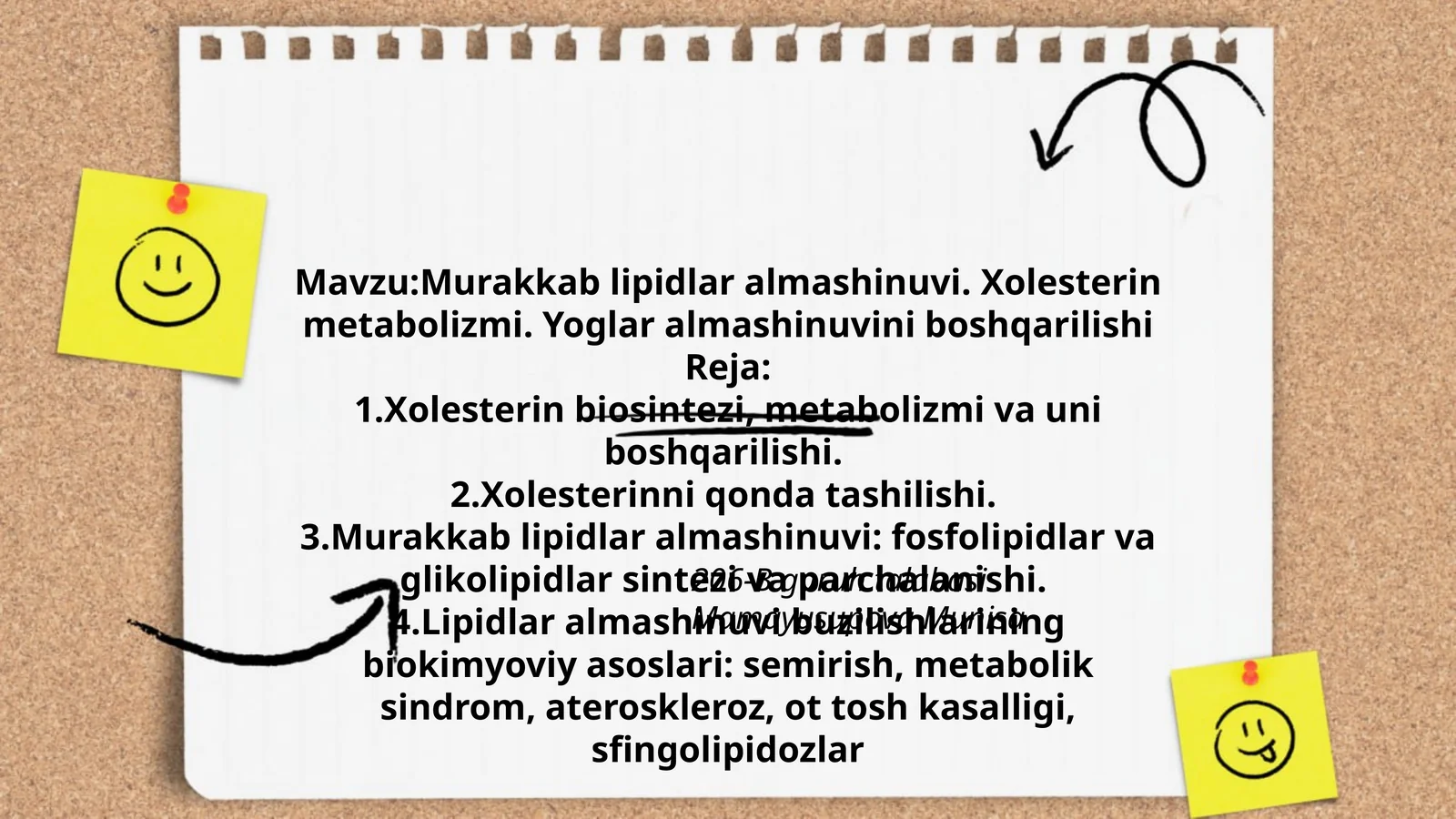 Murakkab lipidlar almashinuvi. Xolesterin metabolizmi. Yoglar almashinuvini boshqarilishi