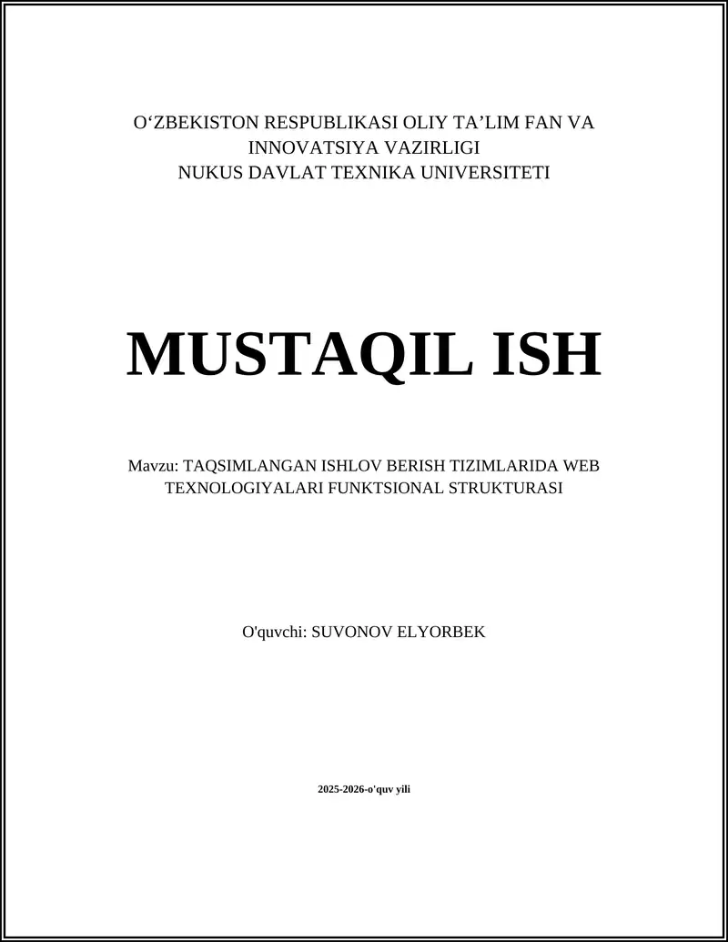 TAQSIMLANGAN ISHLOV BERISH TIZIMLARIDA WEB TEXNOLOGIYALARI FUNKTSIONAL STRUKTURASI