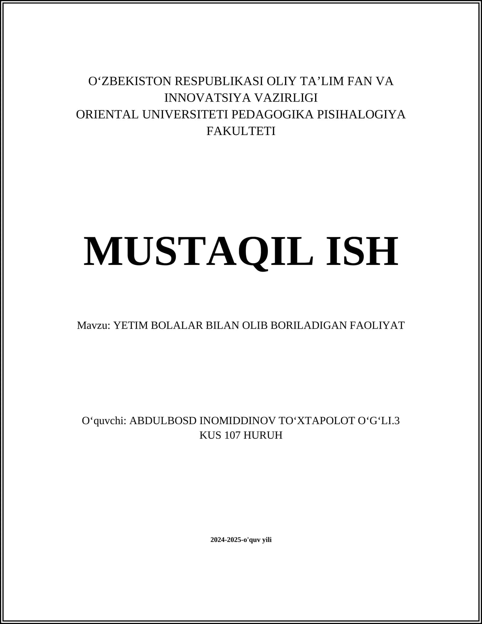 YETIM BOLALAR BILAN OLIB BORILADIGAN FAOLIYAT