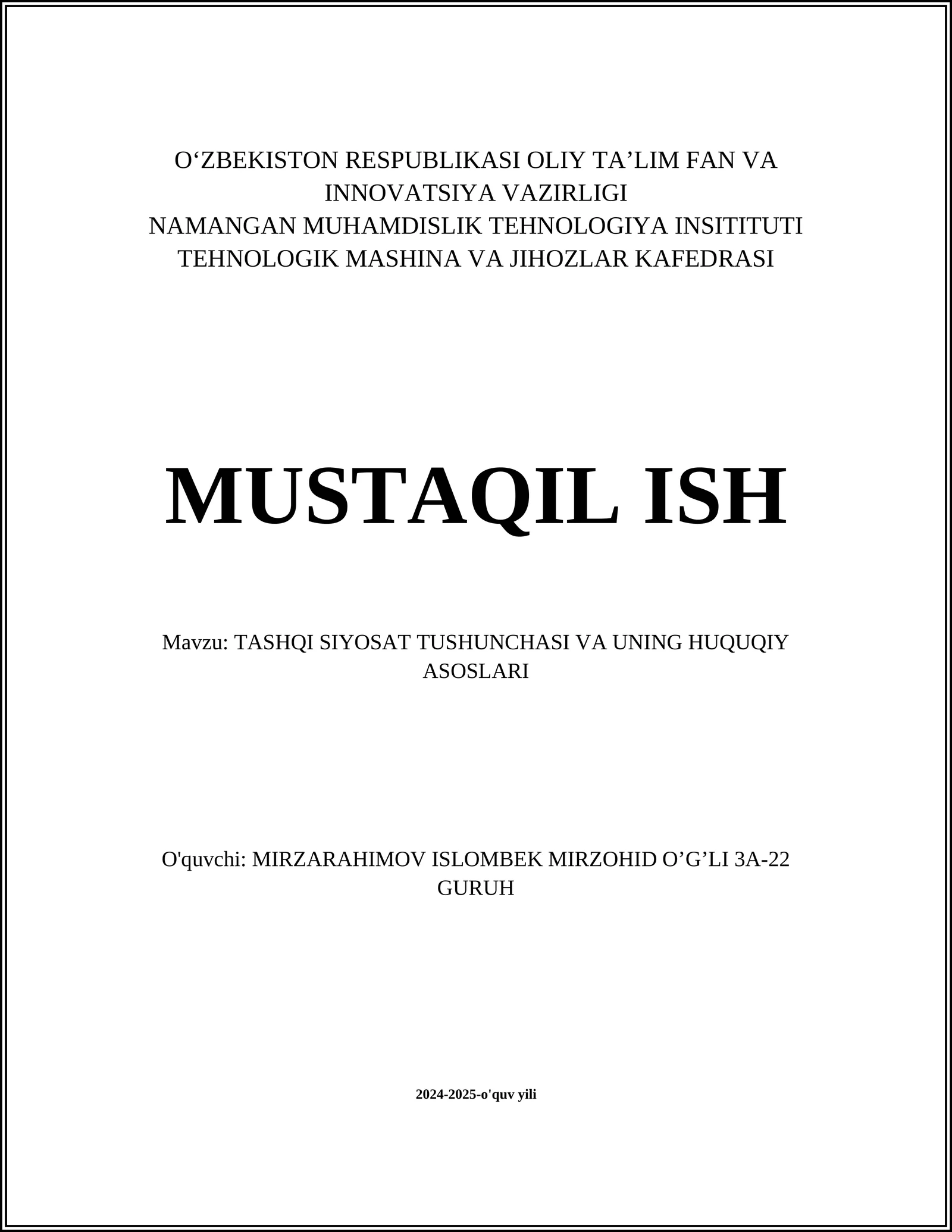 TASHQI SIYOSAT TUSHUNCHASI VA UNING HUQUQIY ASOSLARI