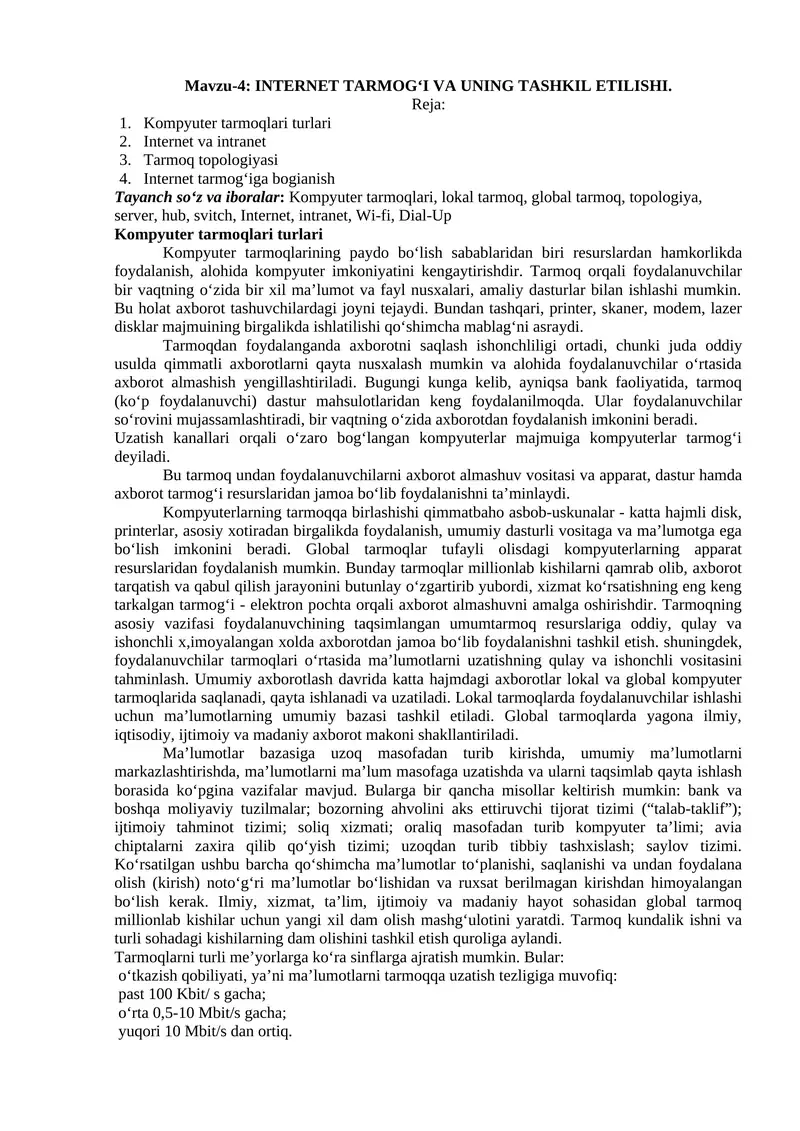 INTERNET TARMOG‘I VA UNING TASHKIL ETILISHI
