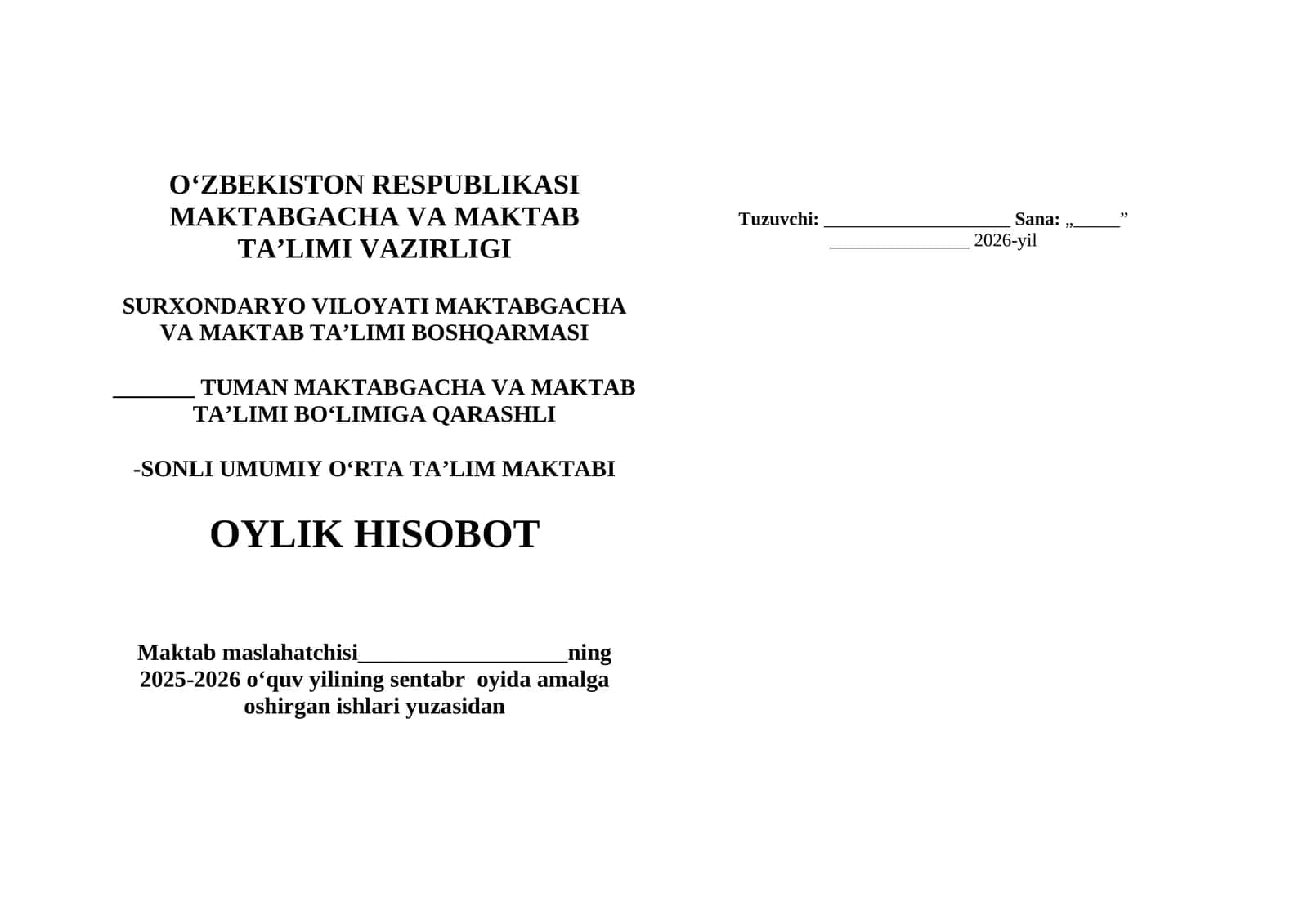 MAKTAB MASLAHATCHISI OYLIK HISOBOT 2026 YIL