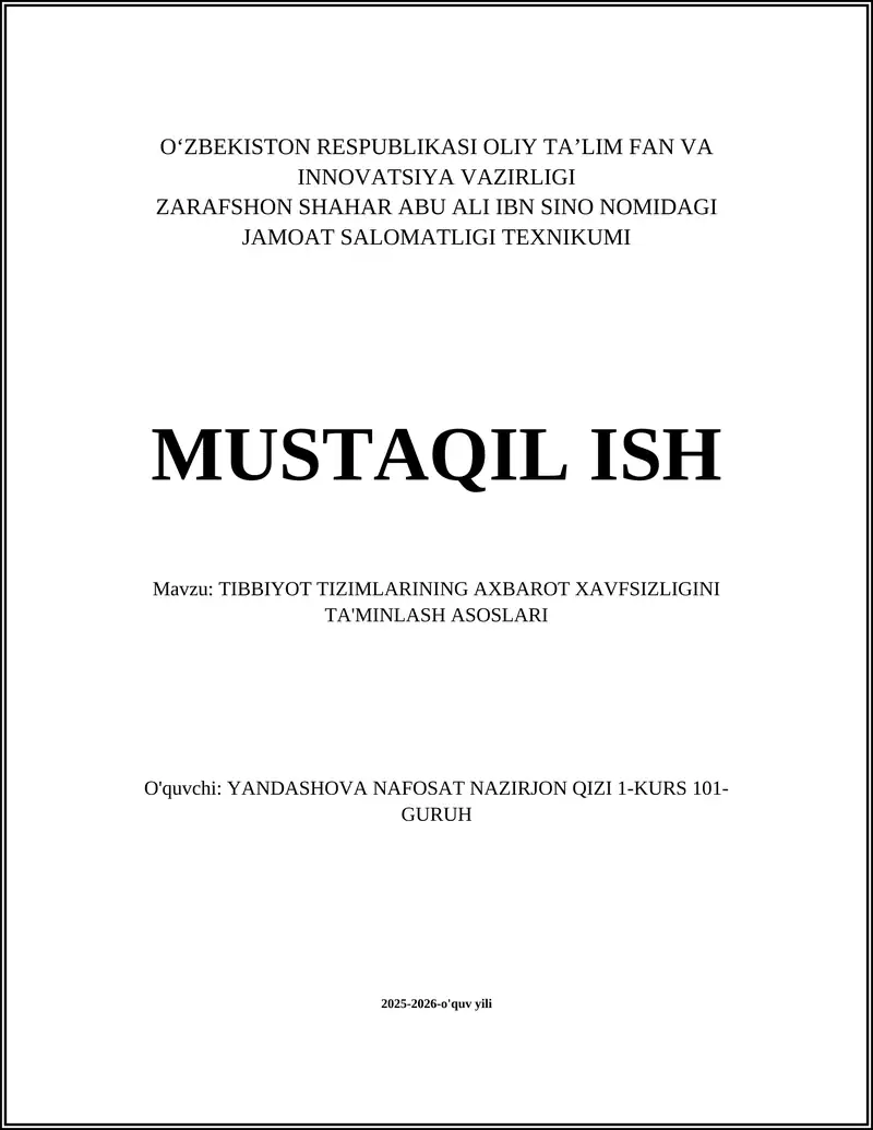 Tibbiyot tizimlarining axborot xavfsizligini taʼminlash asoslari