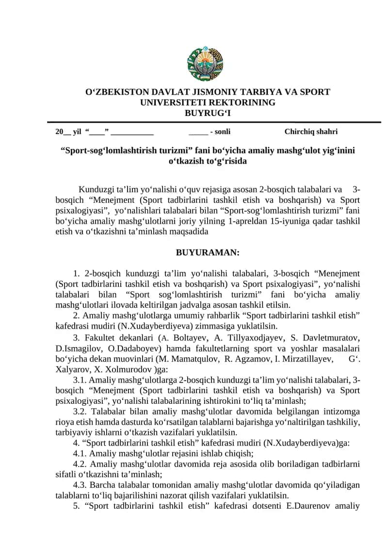 Sport-sog'lomlashtirish turizmi amaliy mashg'ulotlari