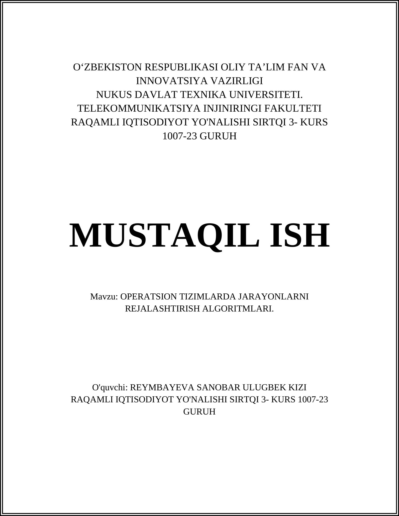 OPERATSION TIZIMLARDA JARAYONLARNI REJALASHTIRISH ALGORITMLARI