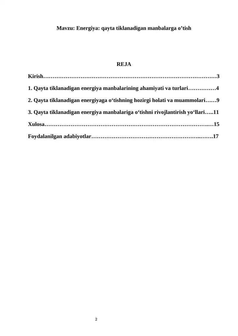 Energiya: qayta tiklanadigan manbalarga o’tish