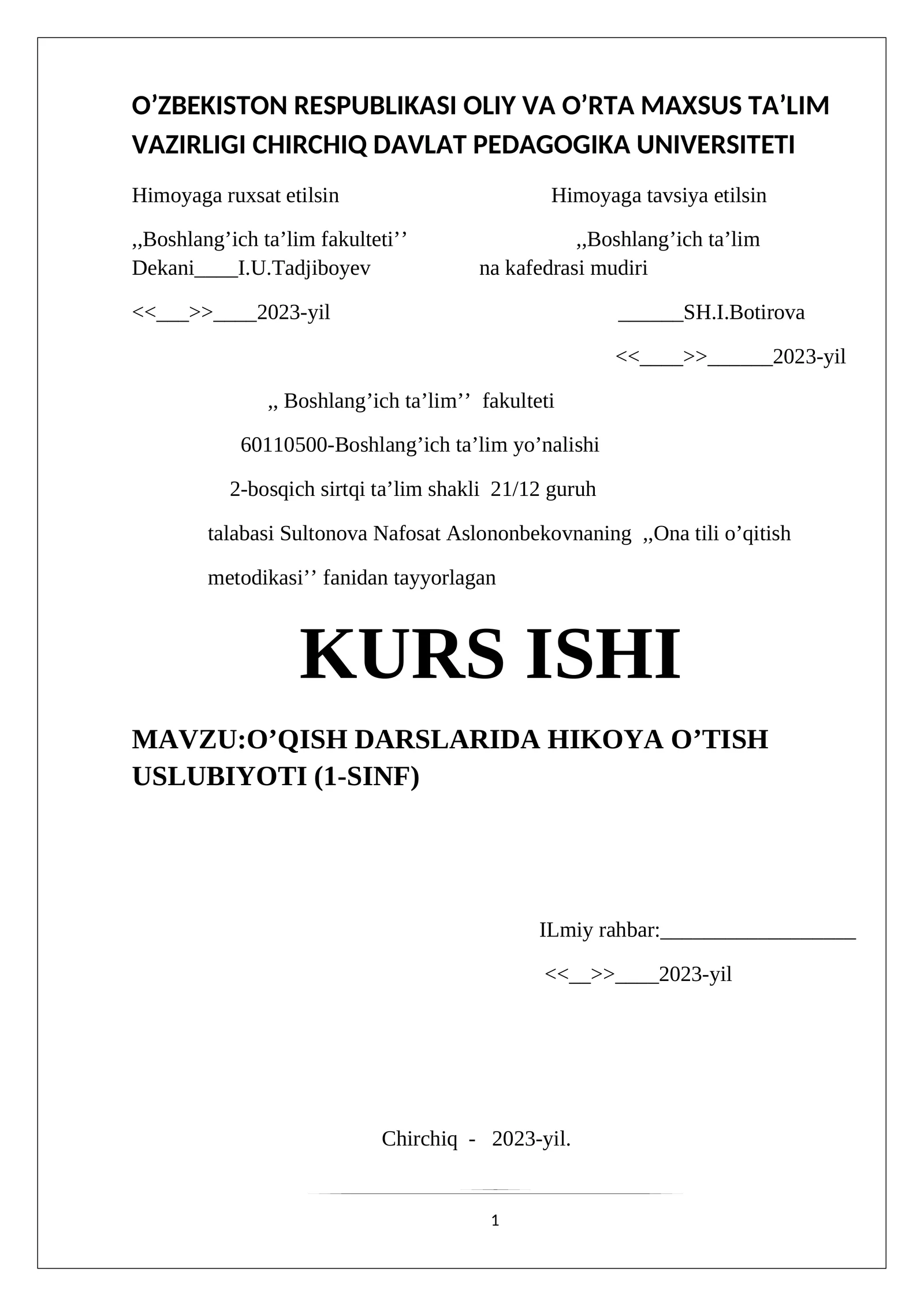 O’QISH DARSLARIDA HIKOYA O’TISH USLUBIYOTI (1-SINF)
